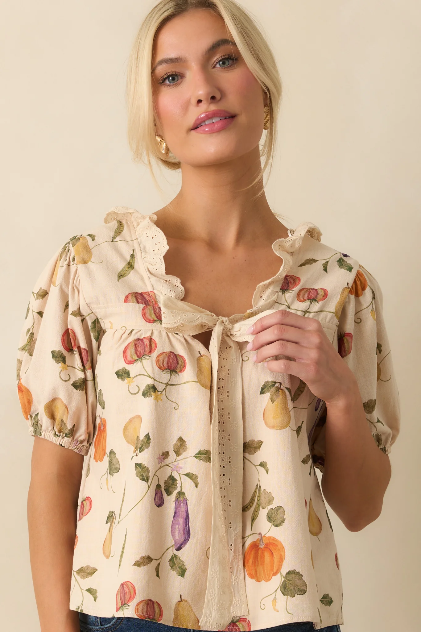 I Meant It Ivory Multi Vegetable Print Cotton Puff Sleeve Top