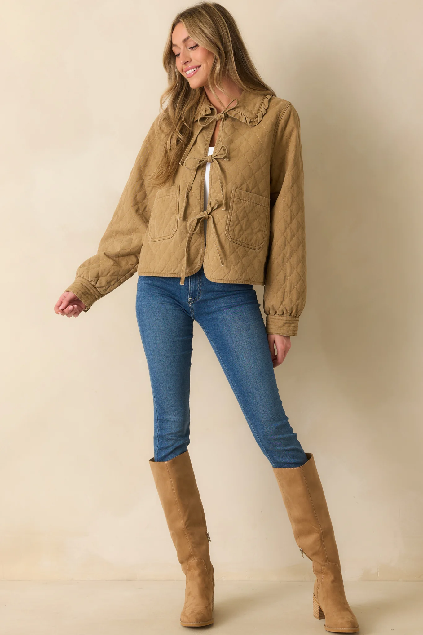 How It Should Be Khaki Brown Quilted Cotton Bow Front Jacket