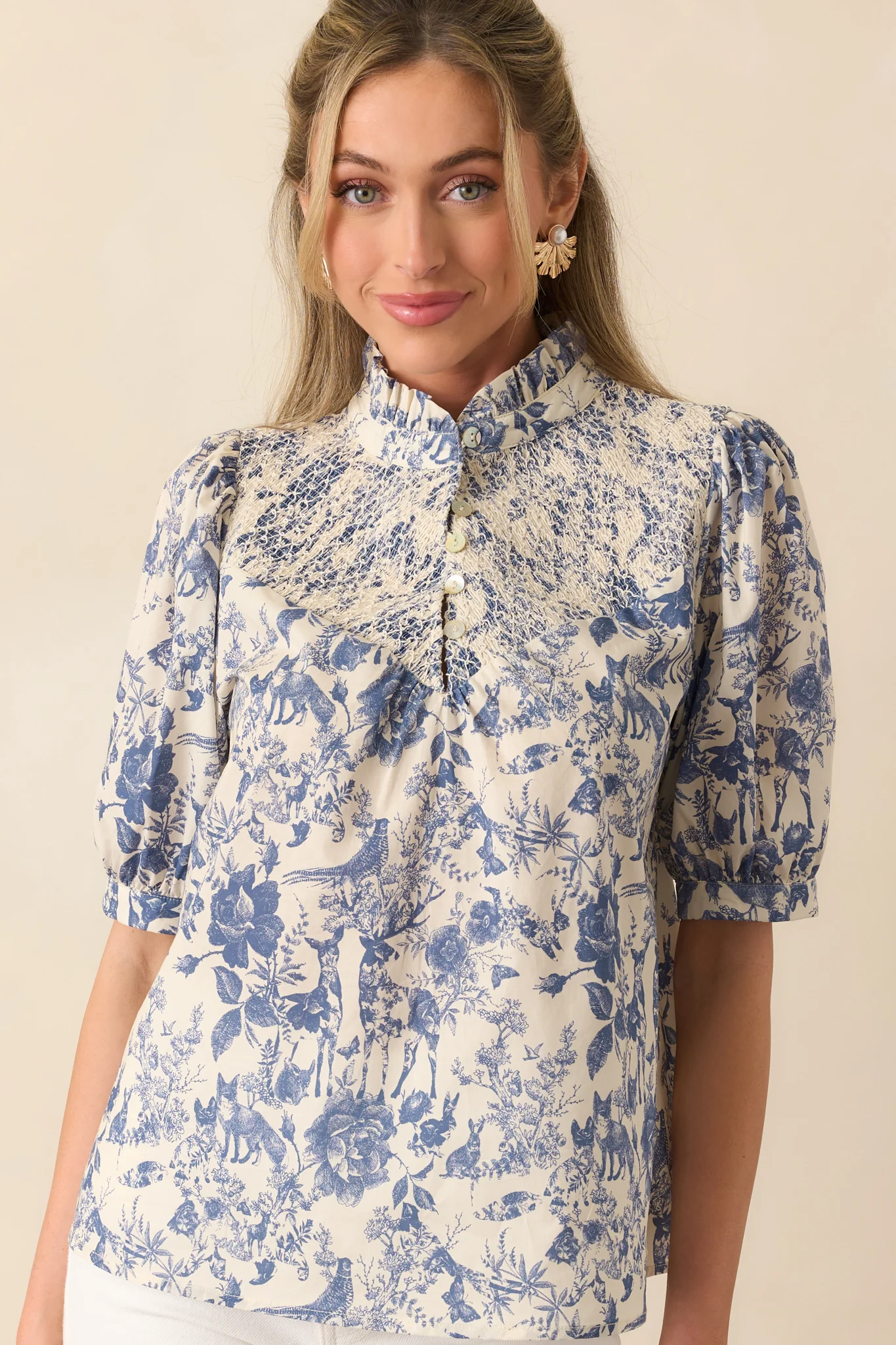 Blue Cotton Toile Half Sleeve Top