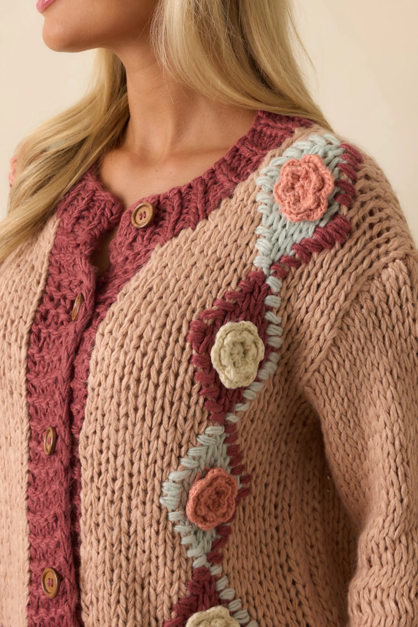 Dusty Rose Pink Floral Knit Cardigan