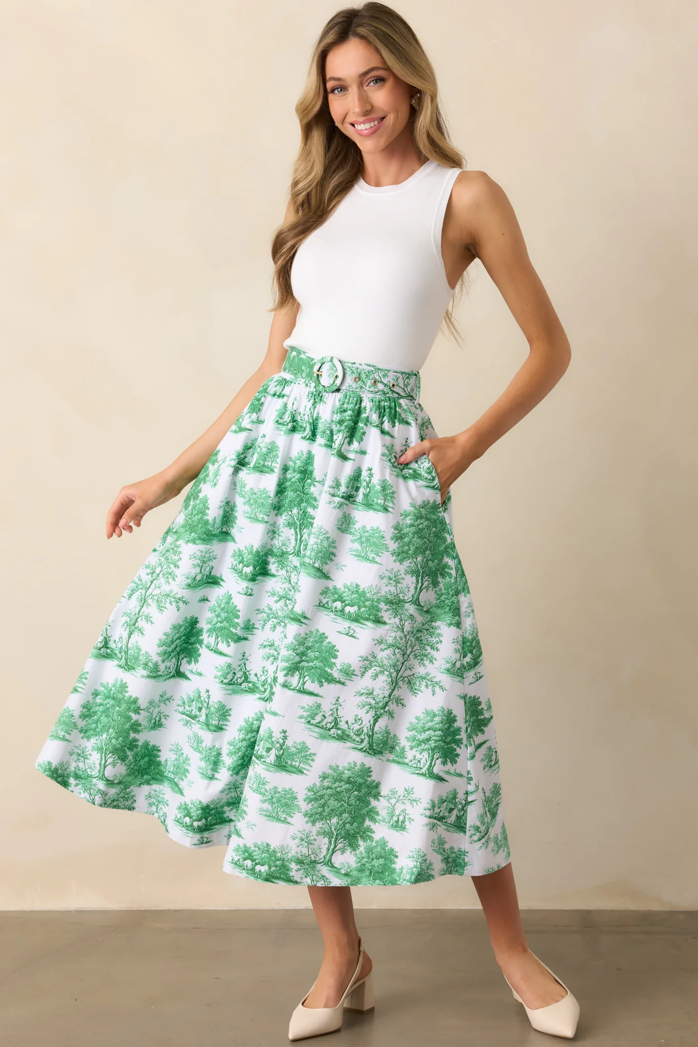 Thena Eden Green Toile Cotton Belted Midi Skirt