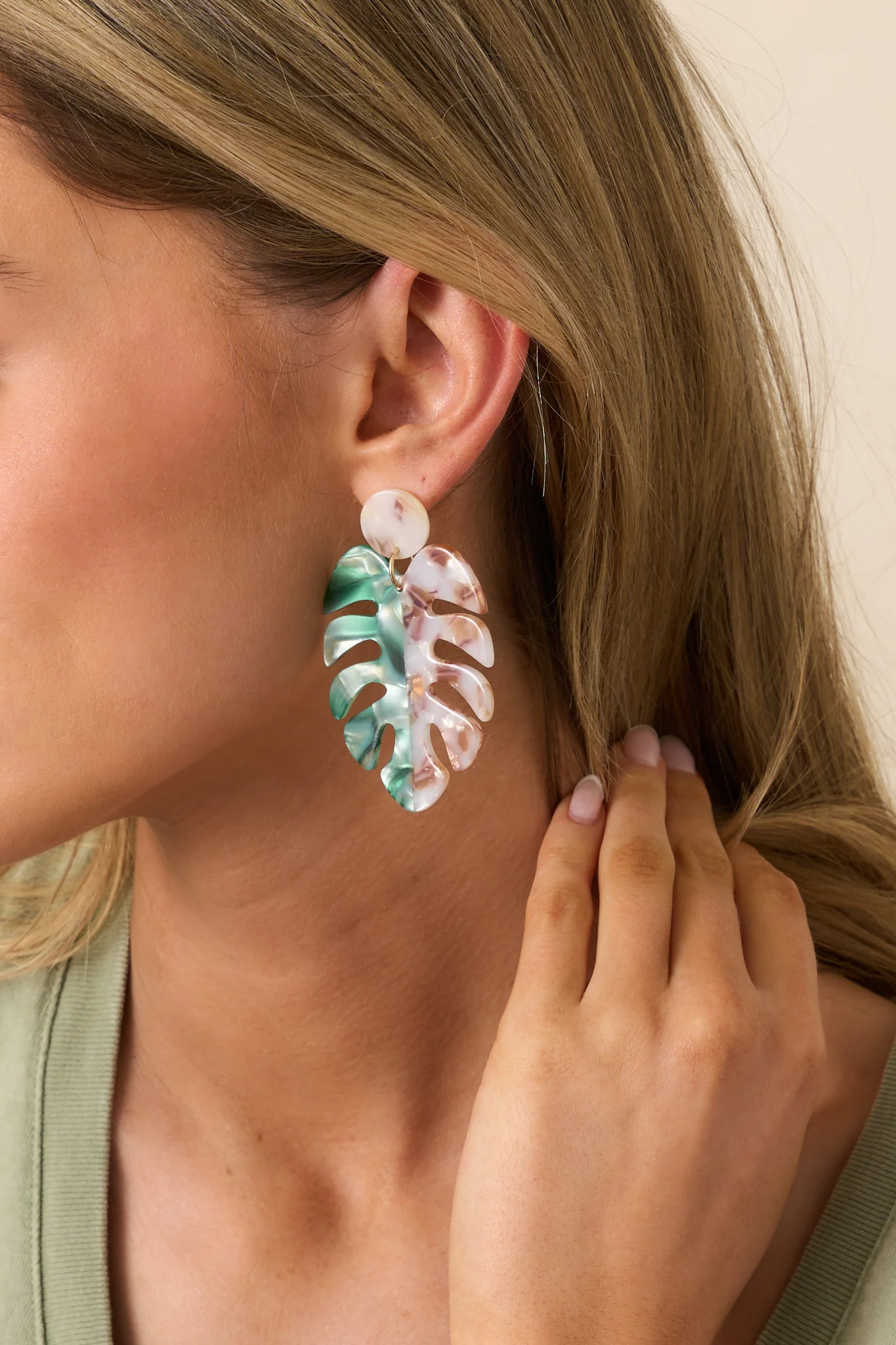 Sea Level Green Multi Pearlescent Monstera Leaf Earrings