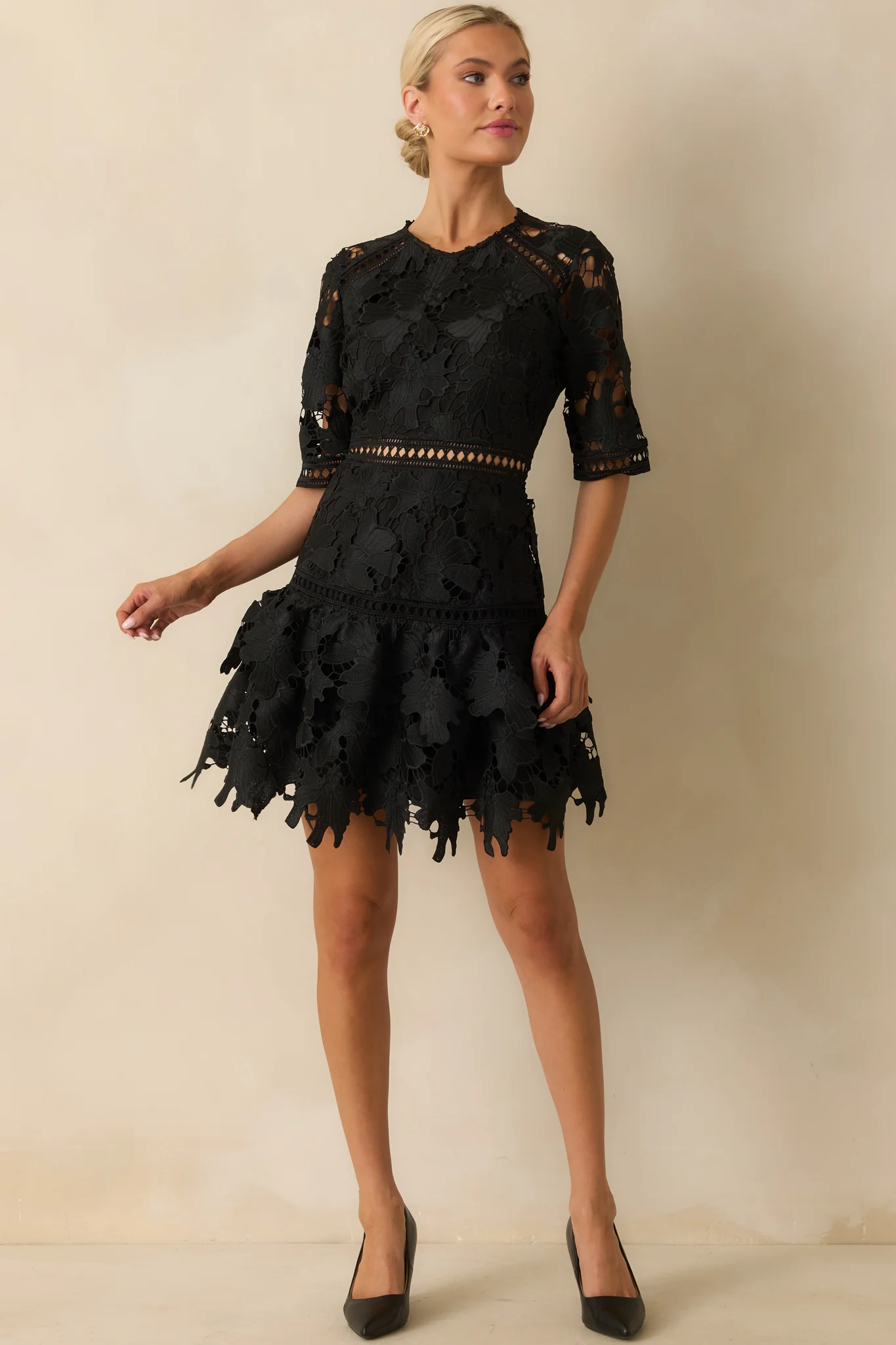 No Compromise Black Floral Guipure Lace Scallop Hem Mini Dress