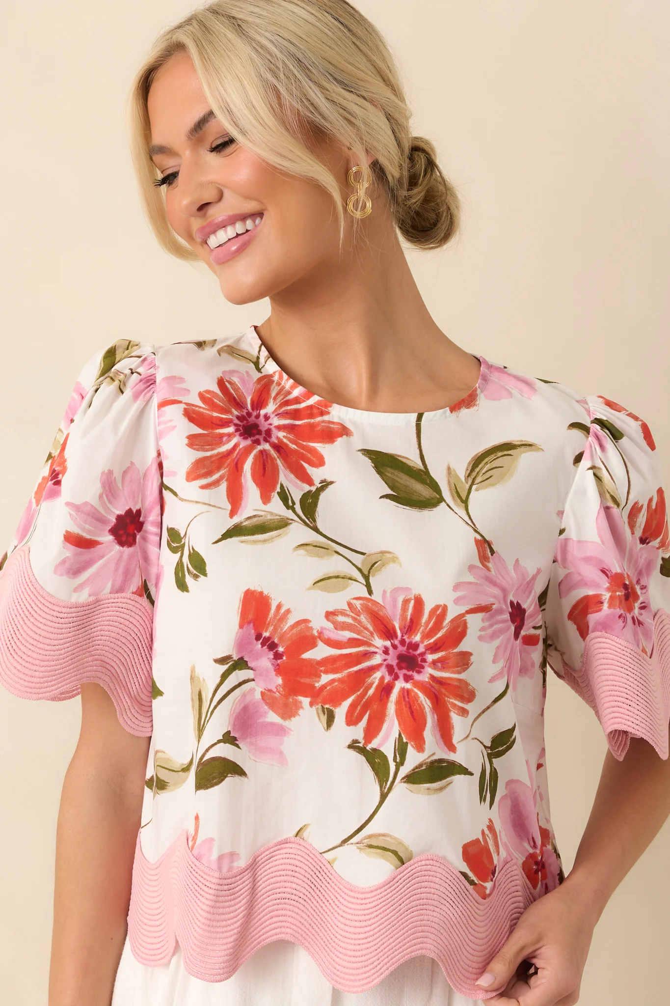 Without Even Trying To Pink Floral Print Cotton Scallop Hem Top
