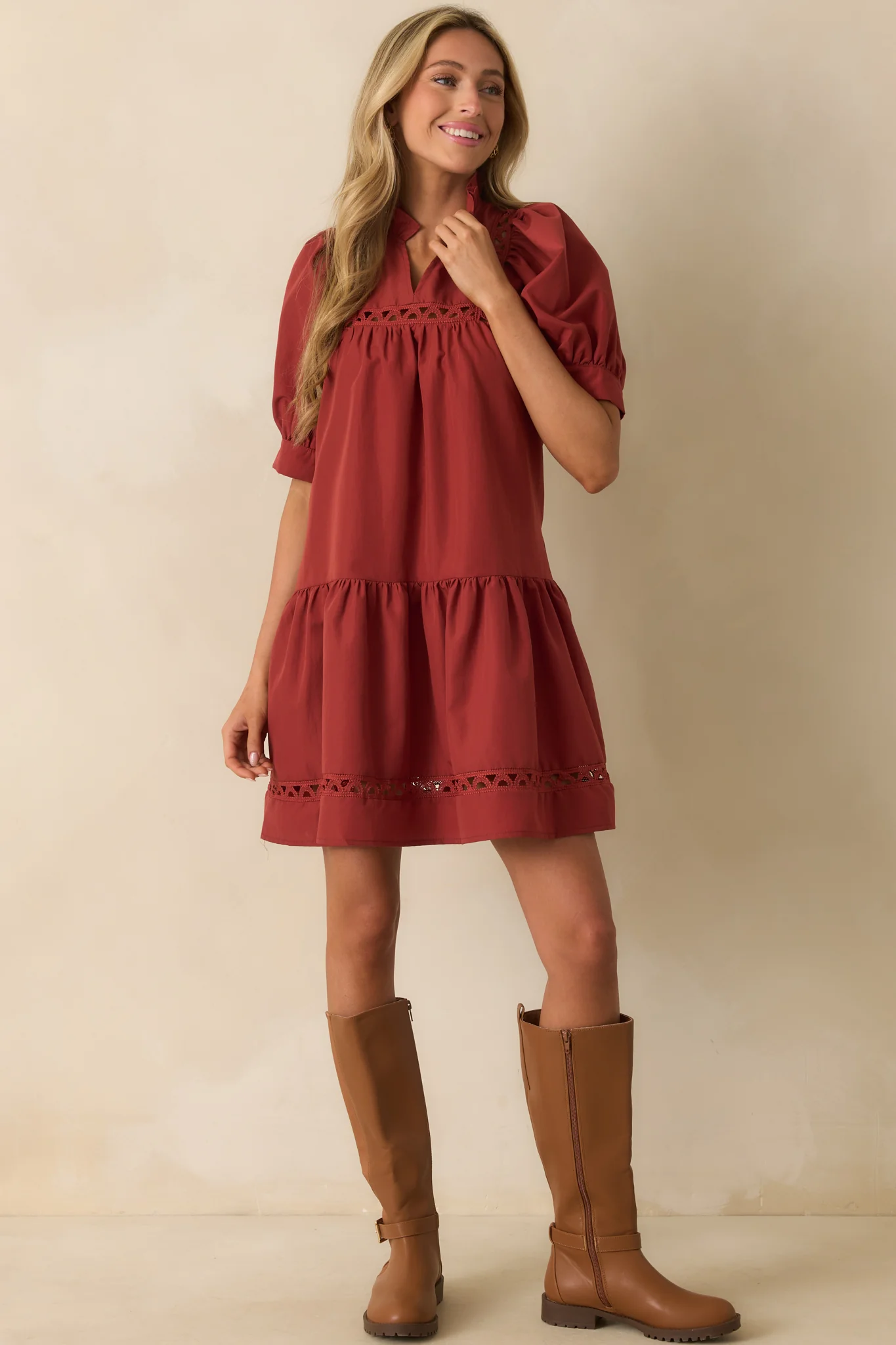 Feels Just Right Brick Red Puff Sleeve Embroidered Eyelet Mini Dress