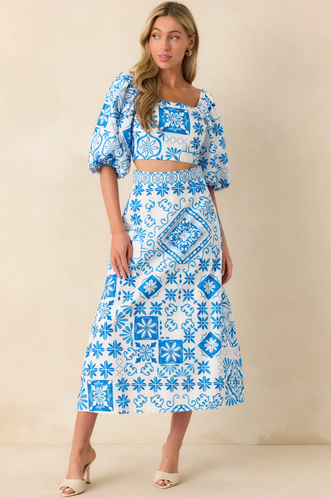 Prosperina Presley Blue Tile Print Cotton Crop Top