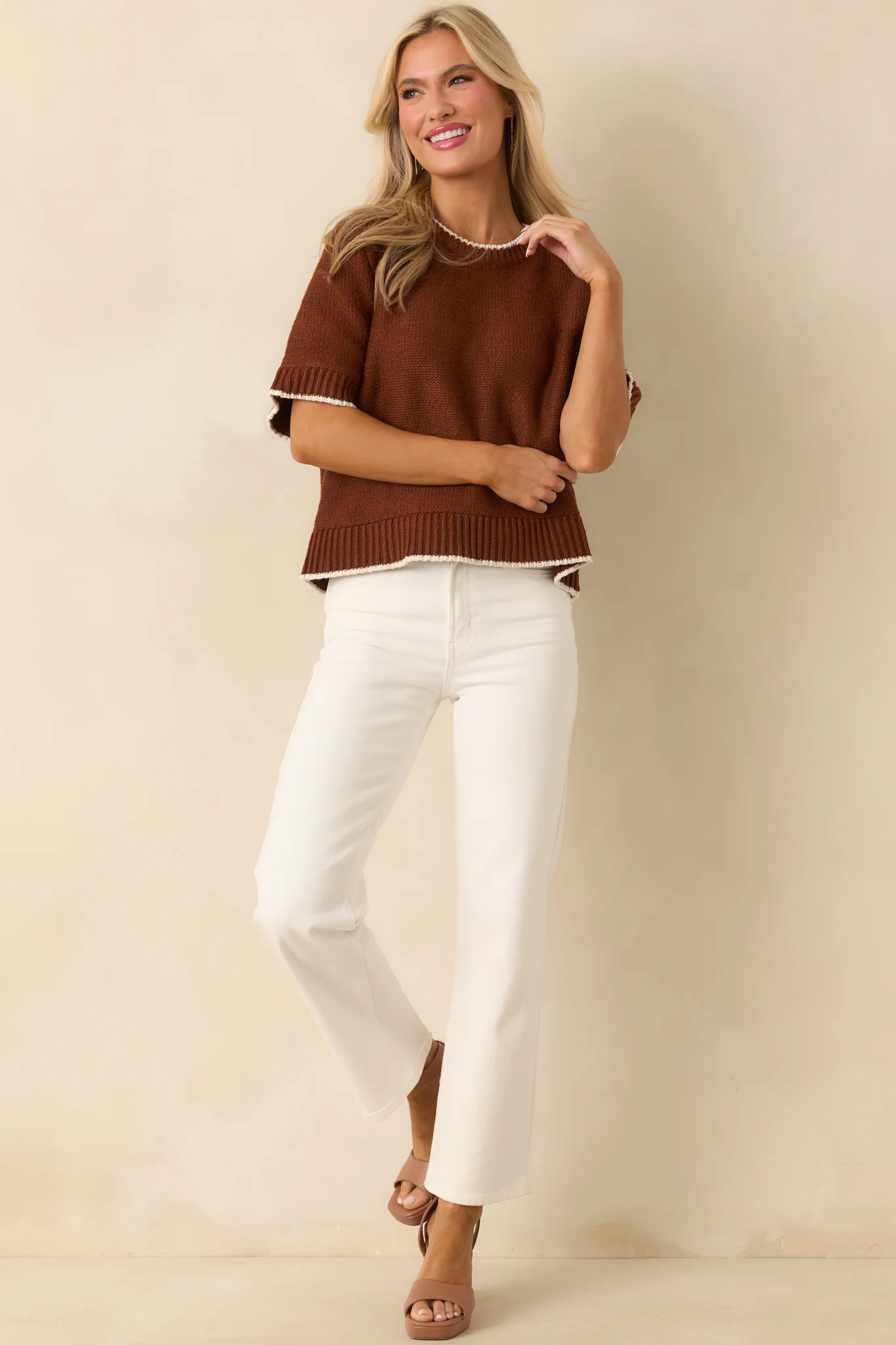 Never Looked Back Brown Contrast Trim Short Sleeve Sweater