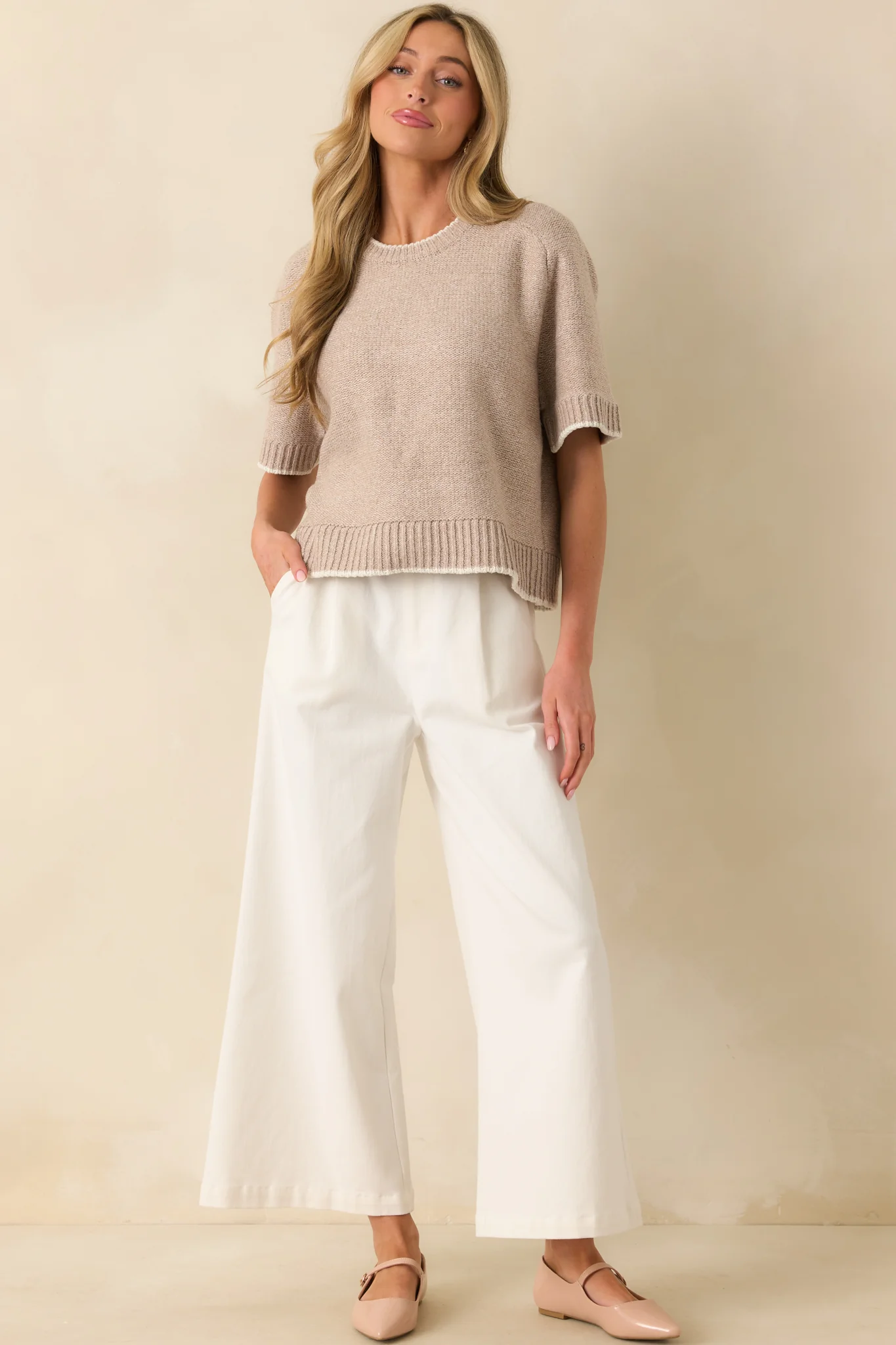 Never Looked Back Oatmeal Beige Contrast Trim Short Sleeve Sweater