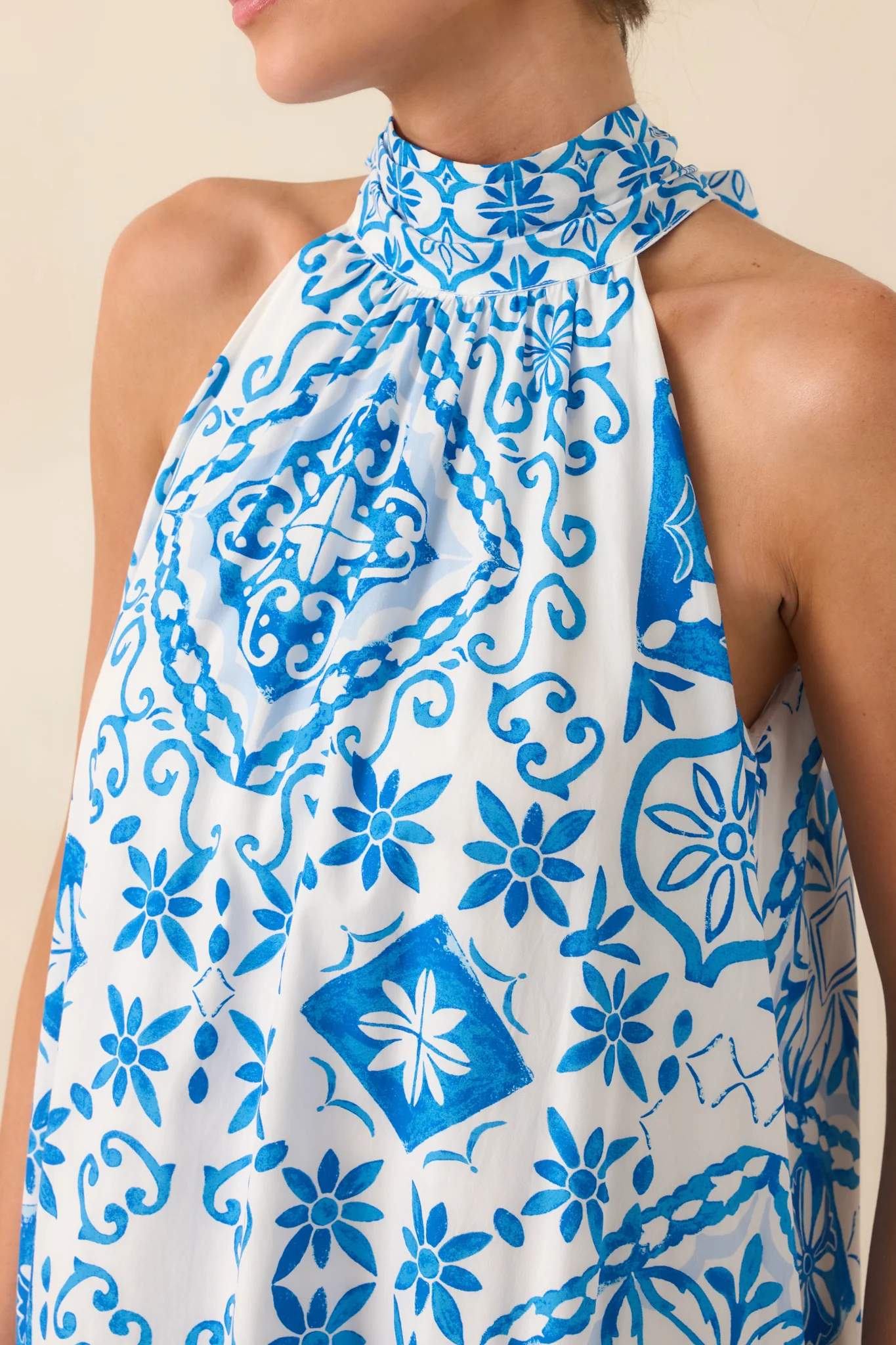 Prosperina Rebecca Blue Tile Print Cotton Halter Maxi Dress