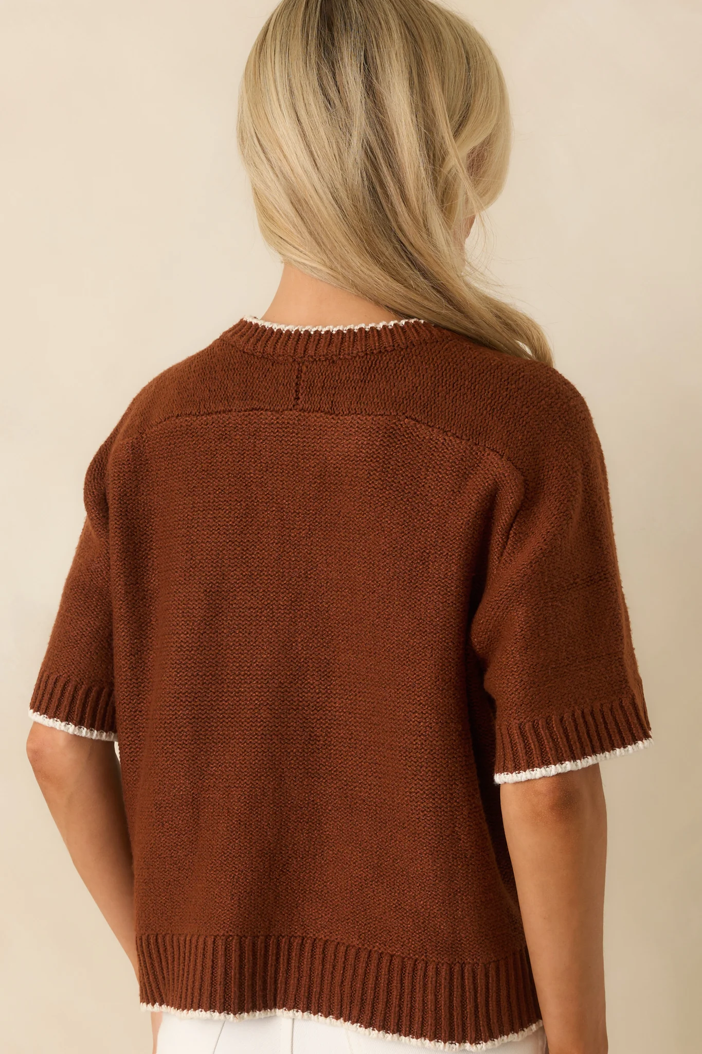 Never Looked Back Brown Contrast Trim Short Sleeve Sweater