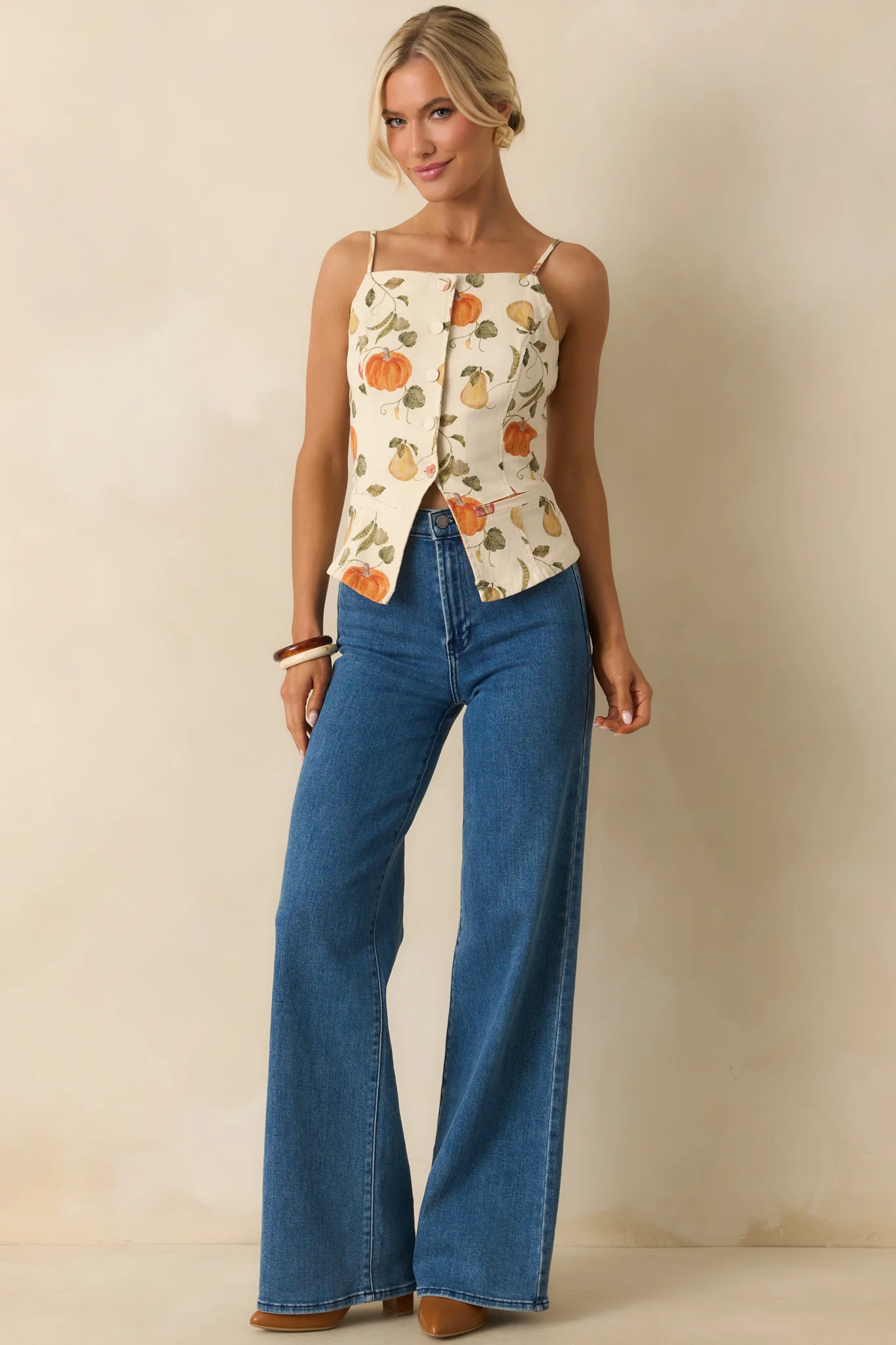 Living Life Slowly Ivory Multi Vegetable Print Cotton Button Up Top