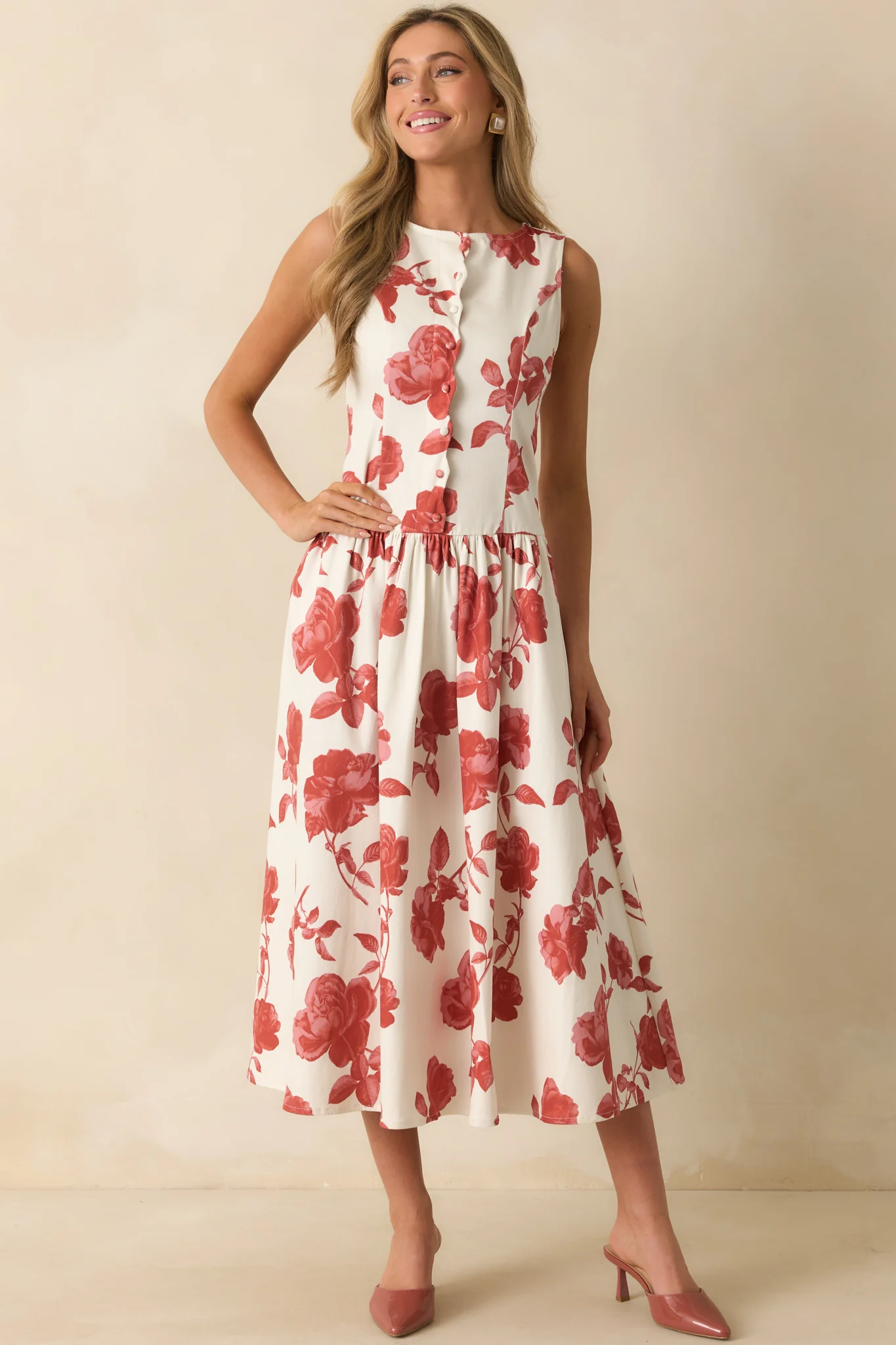 The Best Possible Way Brick Red Floral Print Cotton Maxi Dress