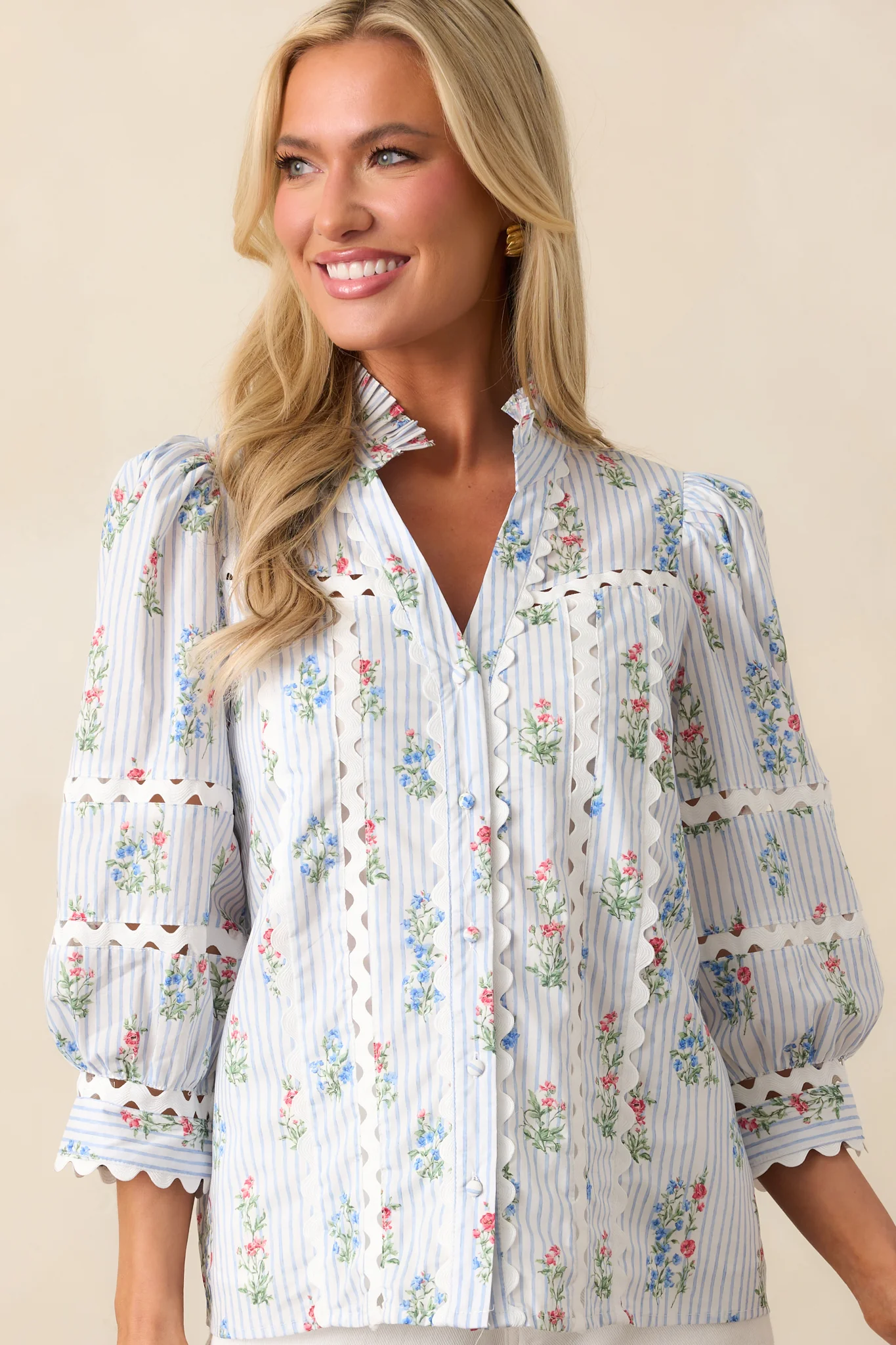 For Keeps Light Blue Stripe Floral Cotton Button Front Top