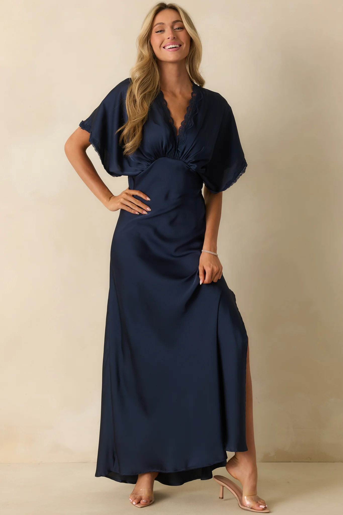 All The Right Reasons Navy Satin Lace Trim Maxi Dress