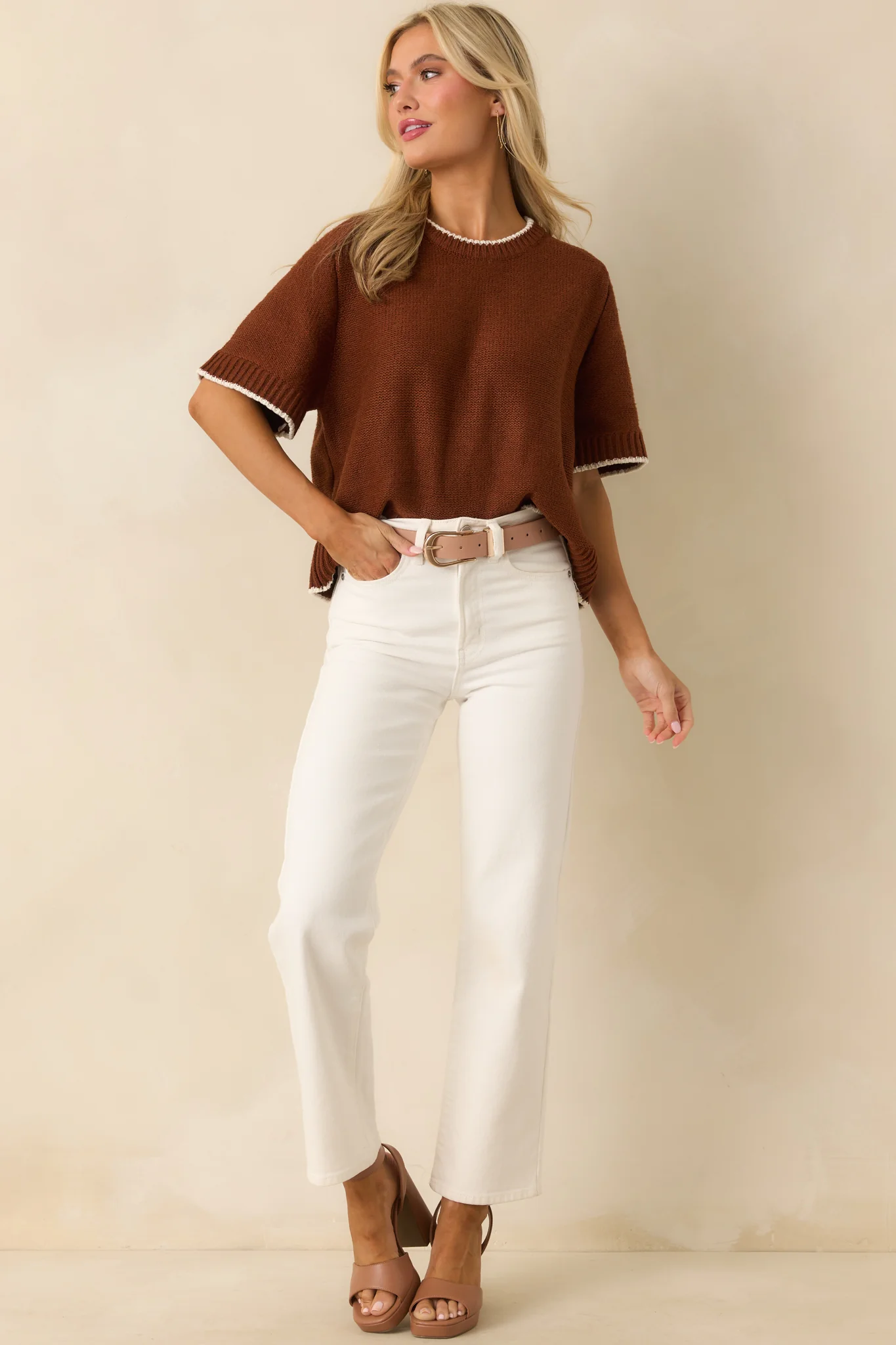 Never Looked Back Brown Contrast Trim Short Sleeve Sweater