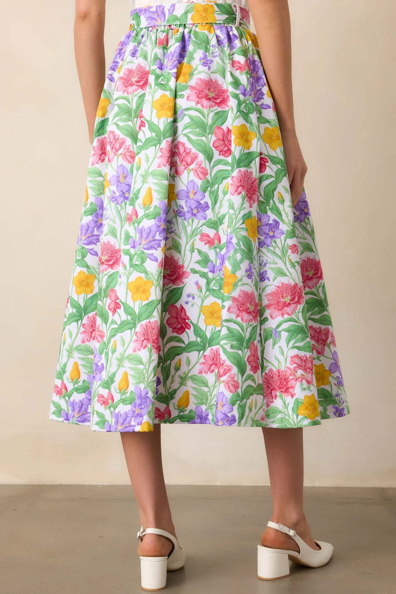 Thena Garden Party Floral Cotton Belted Midi Skirt