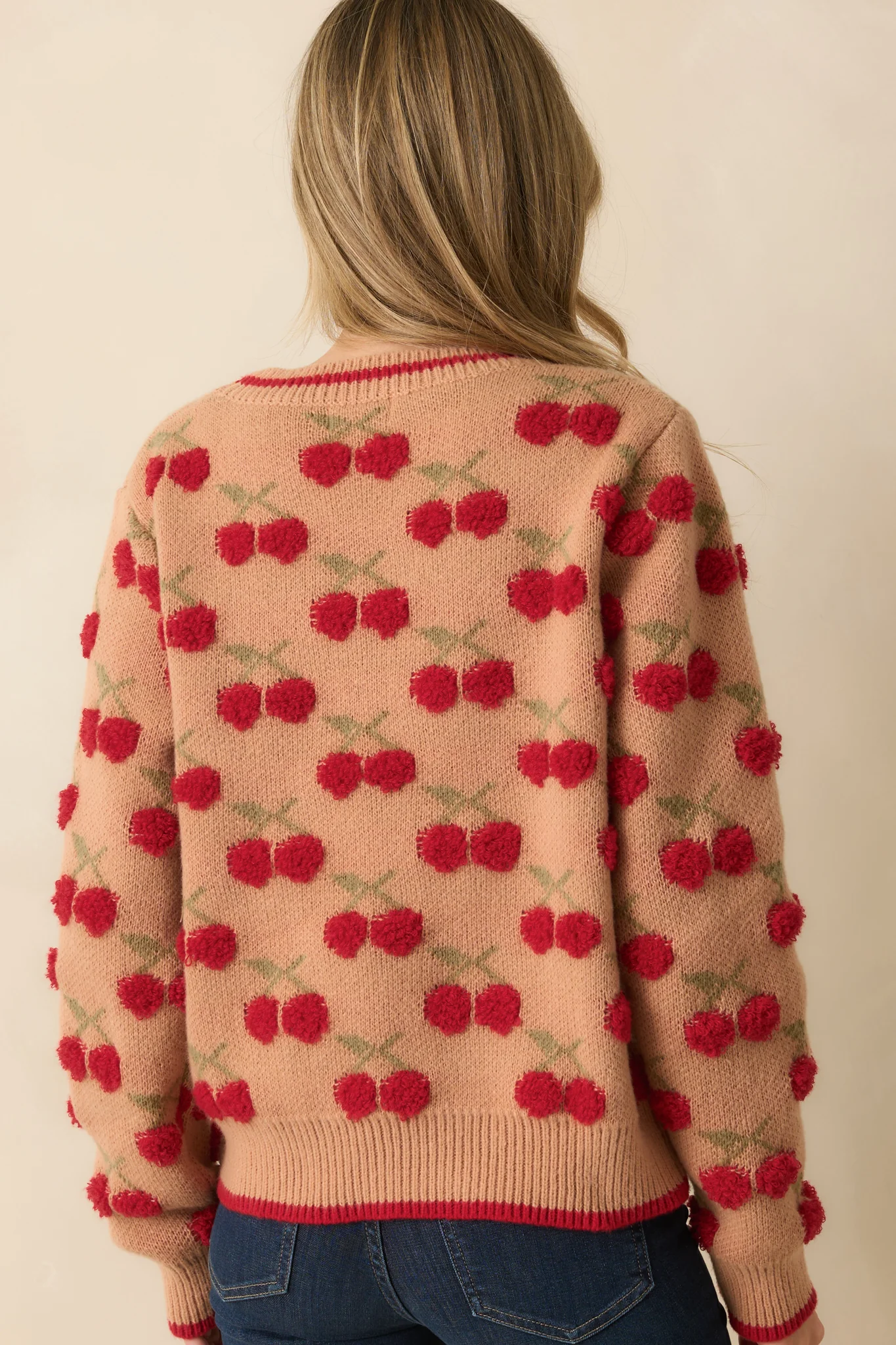 Camel Brown Cherry Knit Long Sleeve Sweater