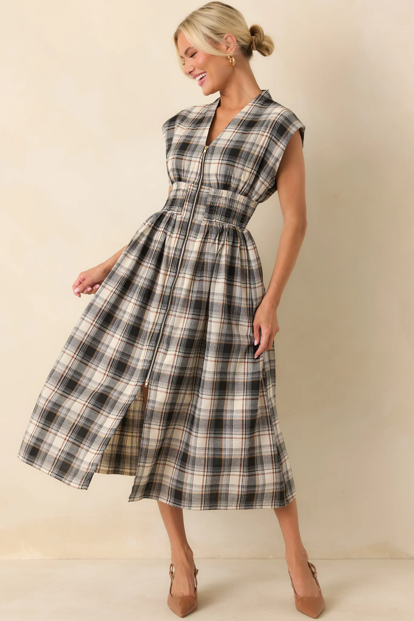 The Evette Black Tartan Plaid Cotton Zip Front Midi Dress