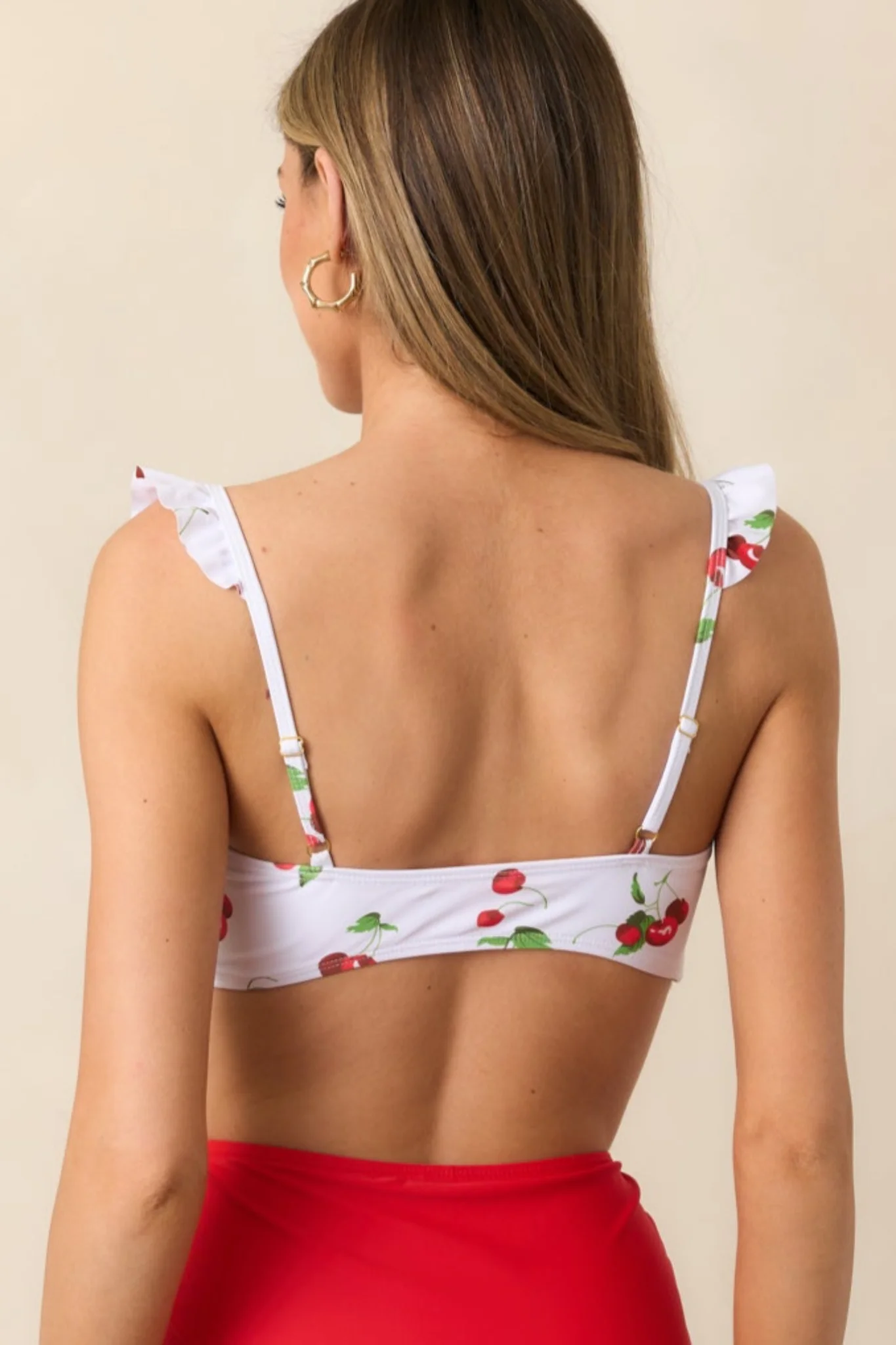 Time To Relax White Cherry Ruffle Lace-Up Bikini Top