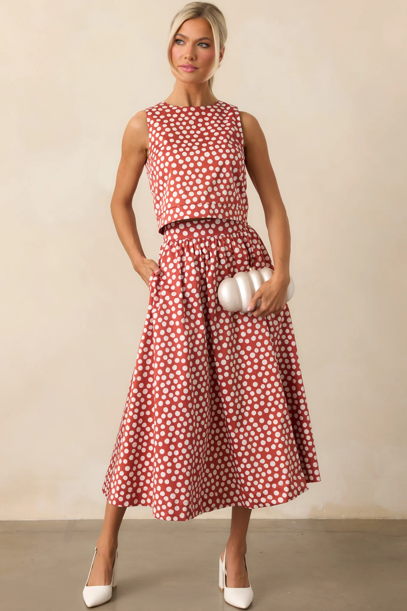 Prosperina Simone Brick Red Polka Dot Cotton Top