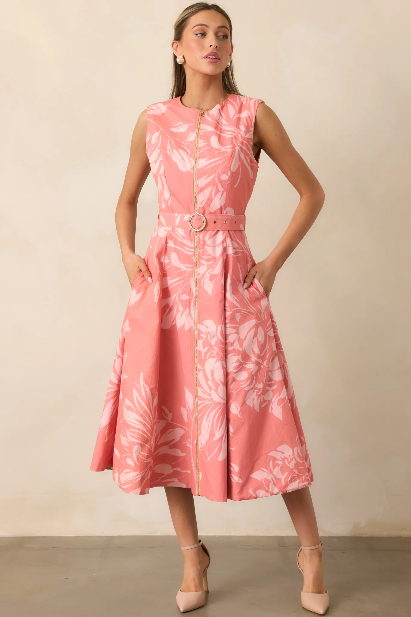 Rose Pink Floral Print Cotton Reversible Midi Dress