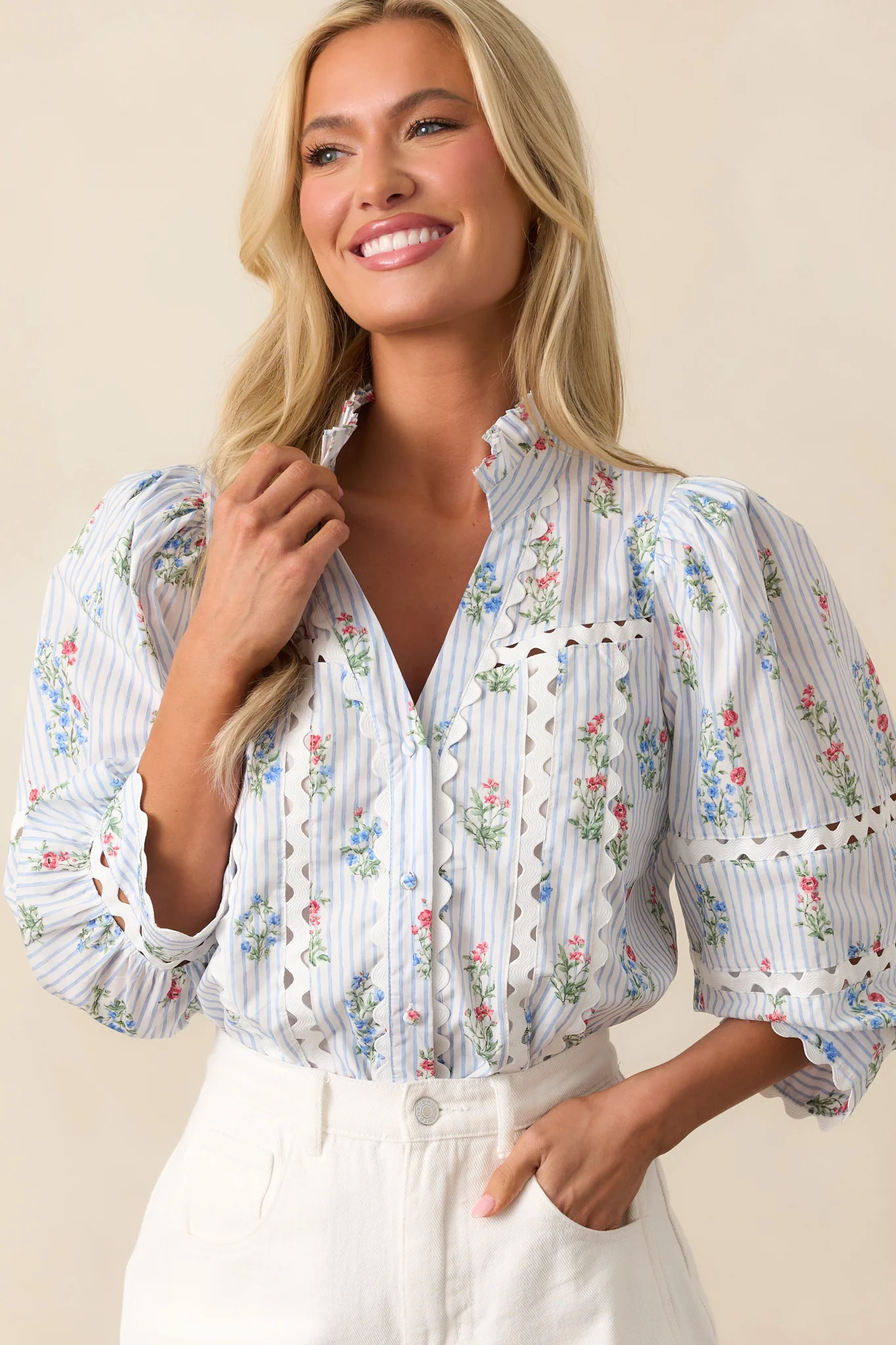 For Keeps Light Blue Stripe Floral Cotton Button Front Top