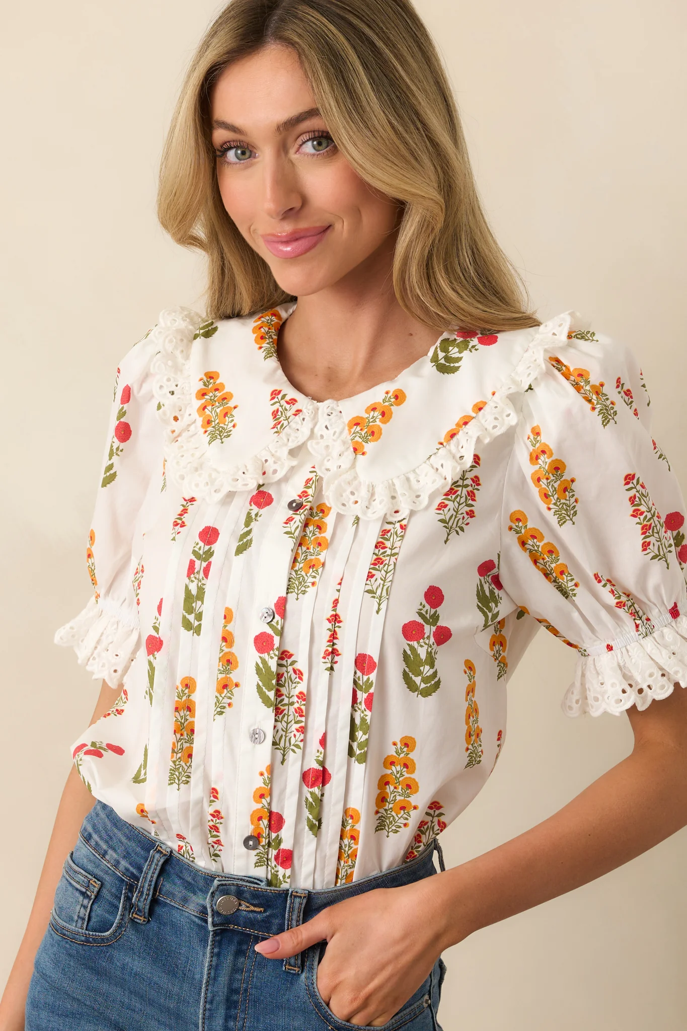Some Things Take Time Red Floral Cotton Button Front Top