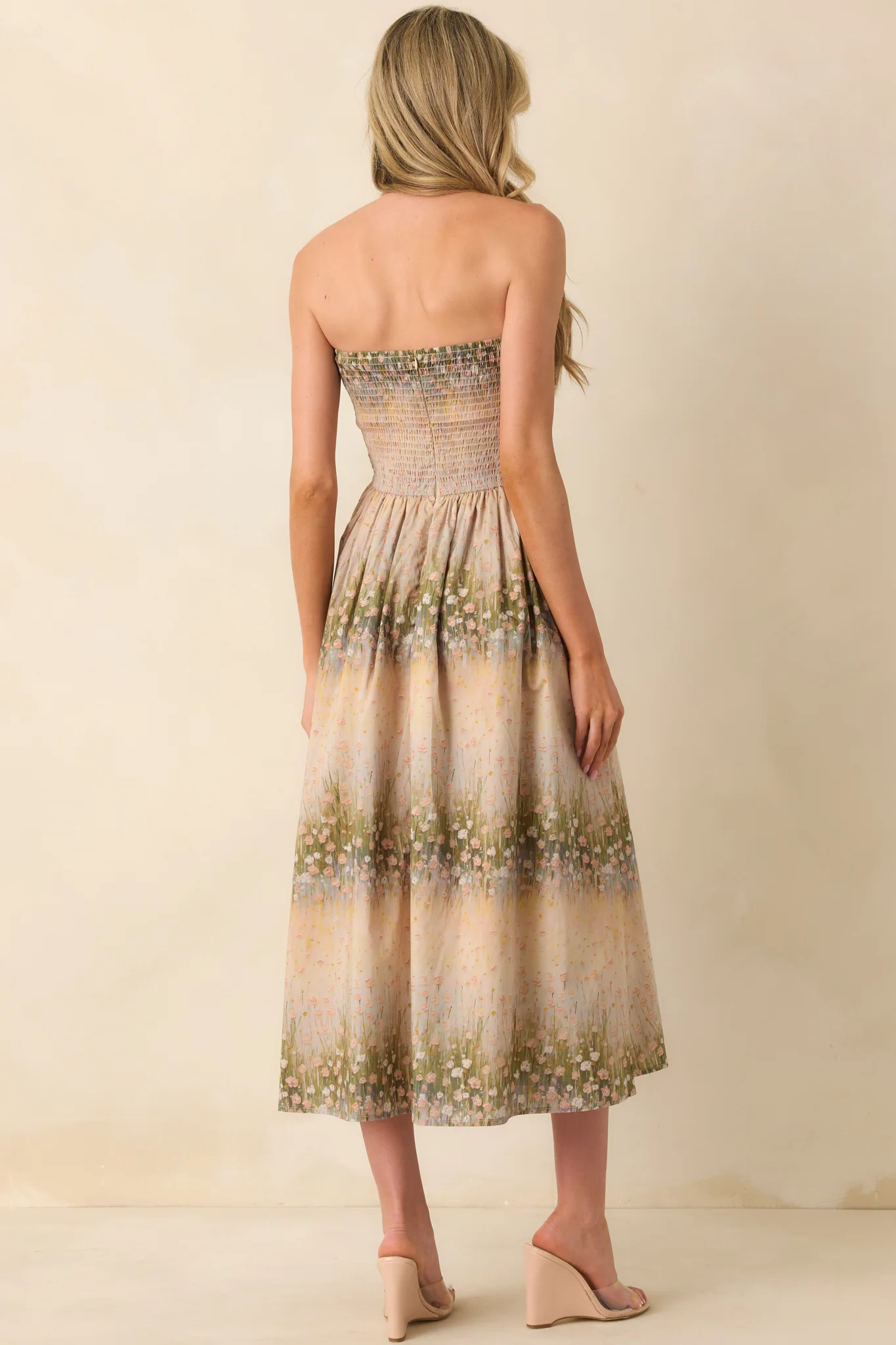 The Genevieve Beige Floral Print Cotton Strapless Midi Dress