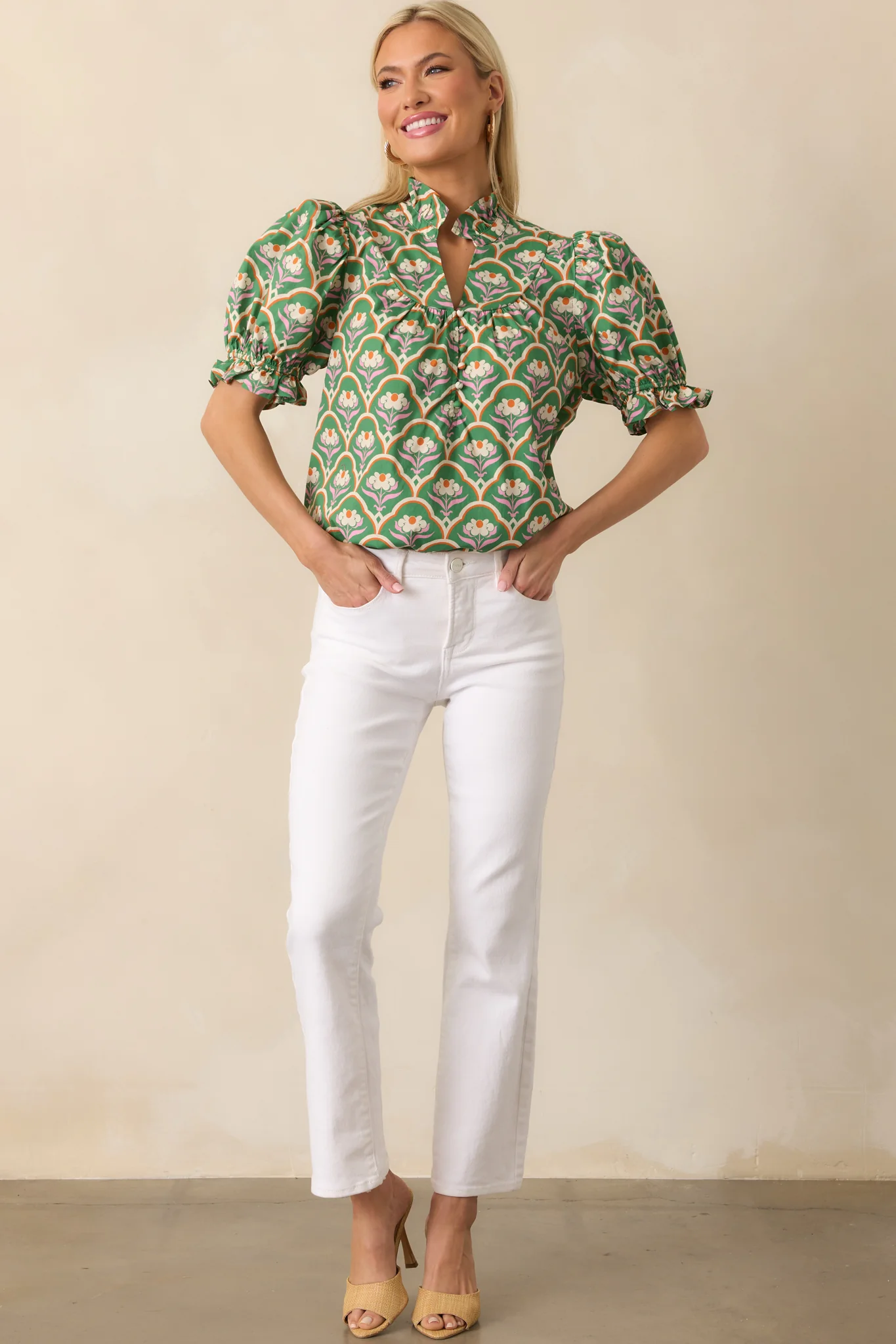 Crossed My Mind Green Geometric Floral Print Cotton Top