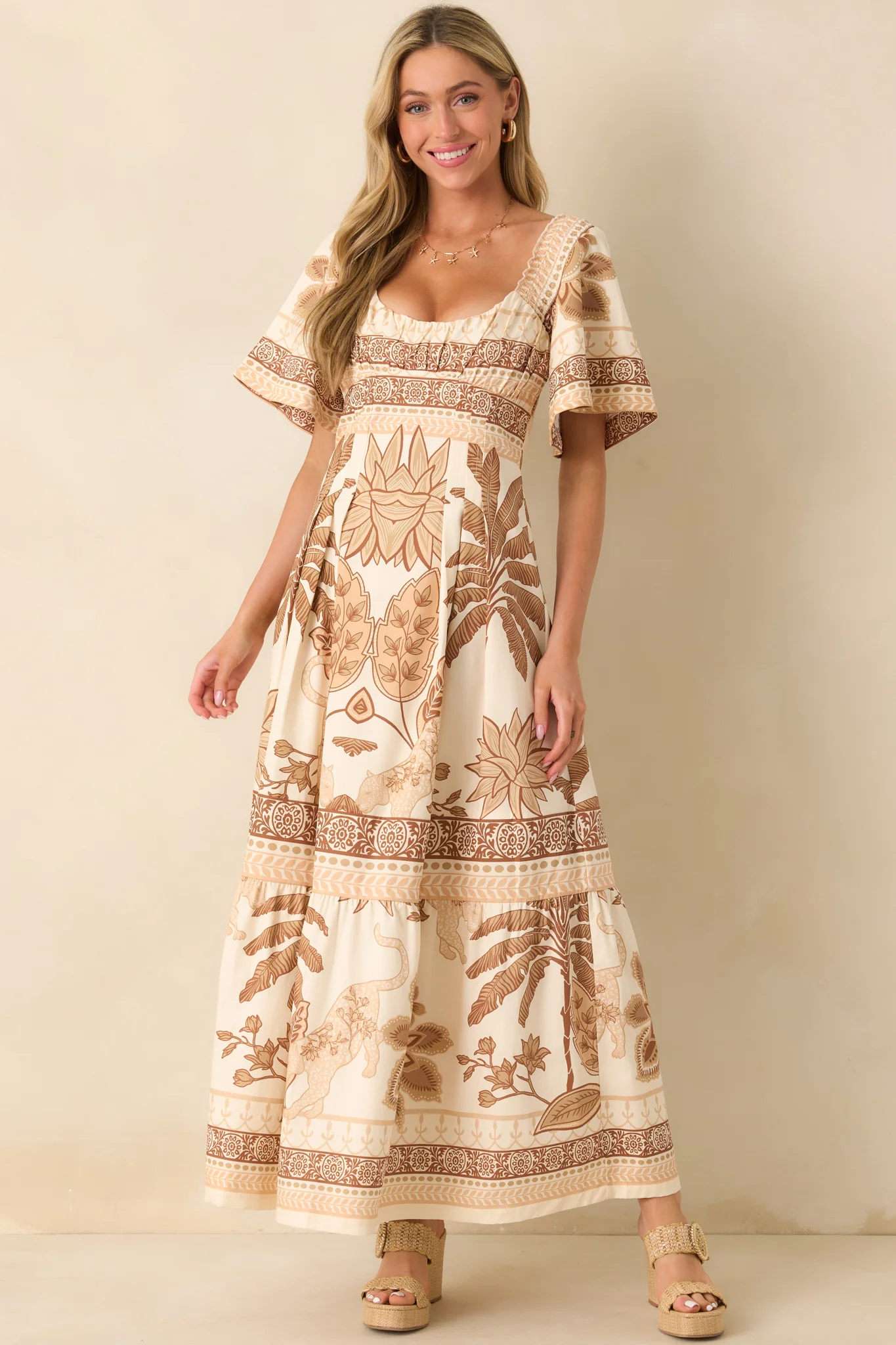 Aylaya Beige Multi Print Cotton Lisbon Maxi Dress