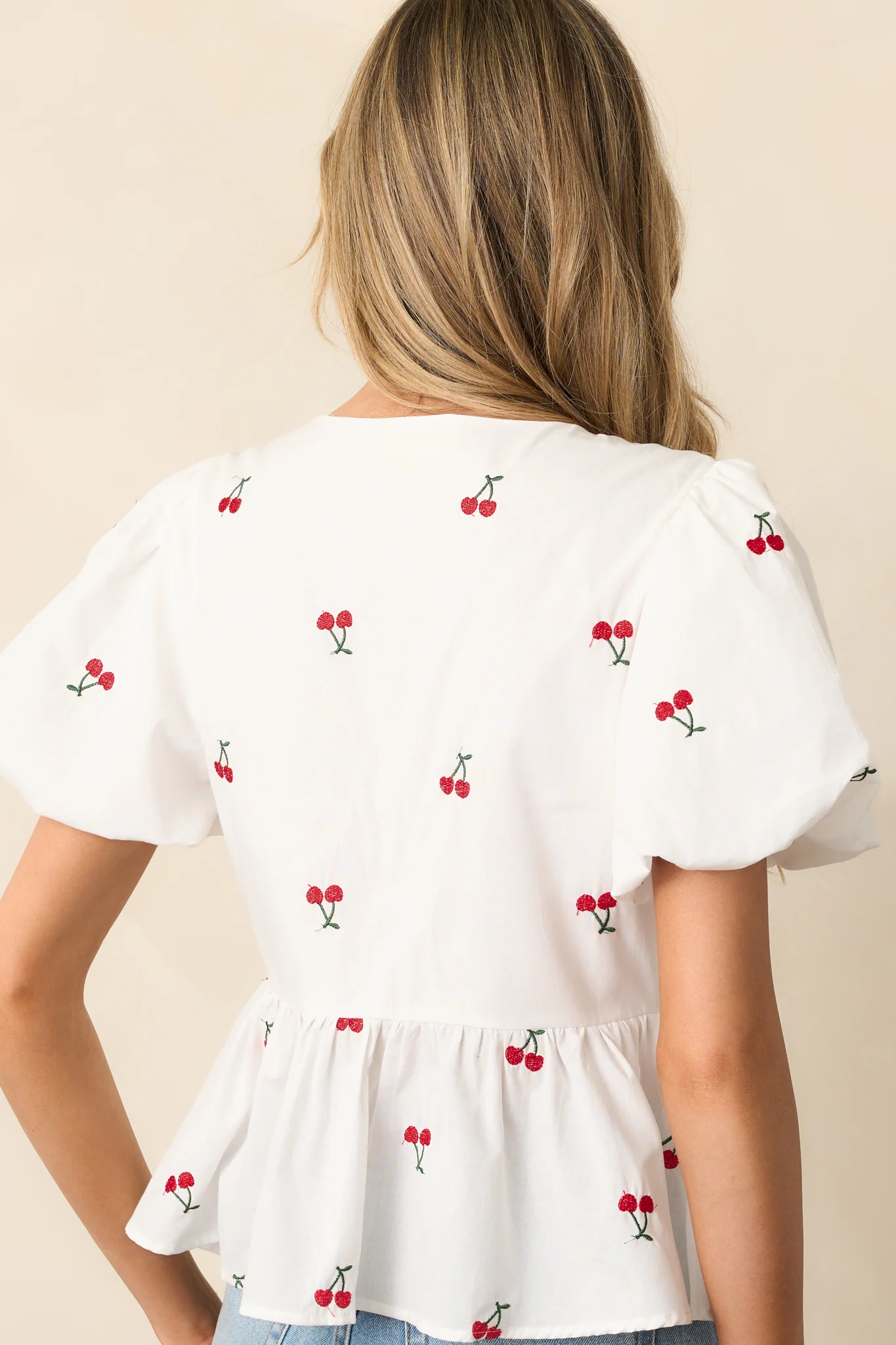 Pucker Up White Cotton Cherry Embroidered Peplum Top