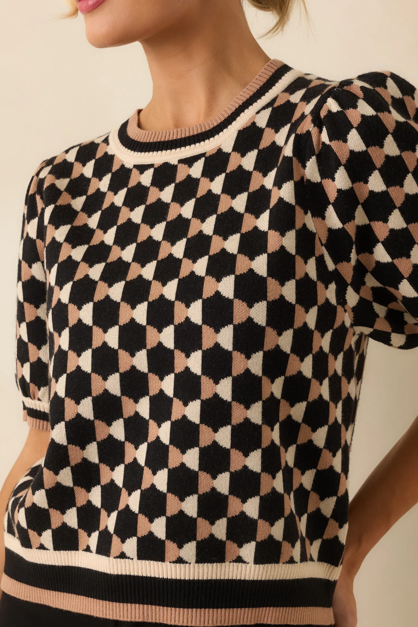 All Comes Together Black Multi Geometric Print Puff Sleeve Knit Top