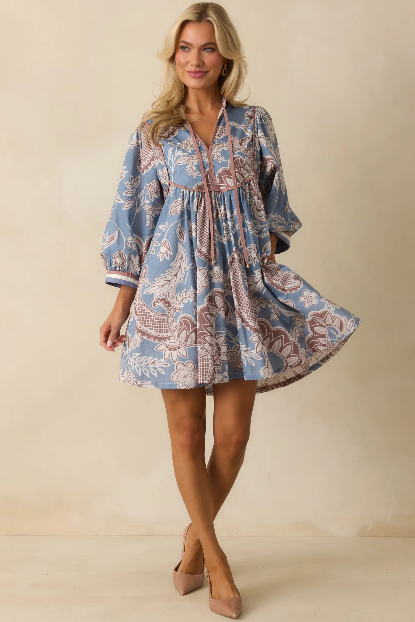 Crisp Morning Air Ash Blue Floral Cotton Quarter Sleeve Mini Dress