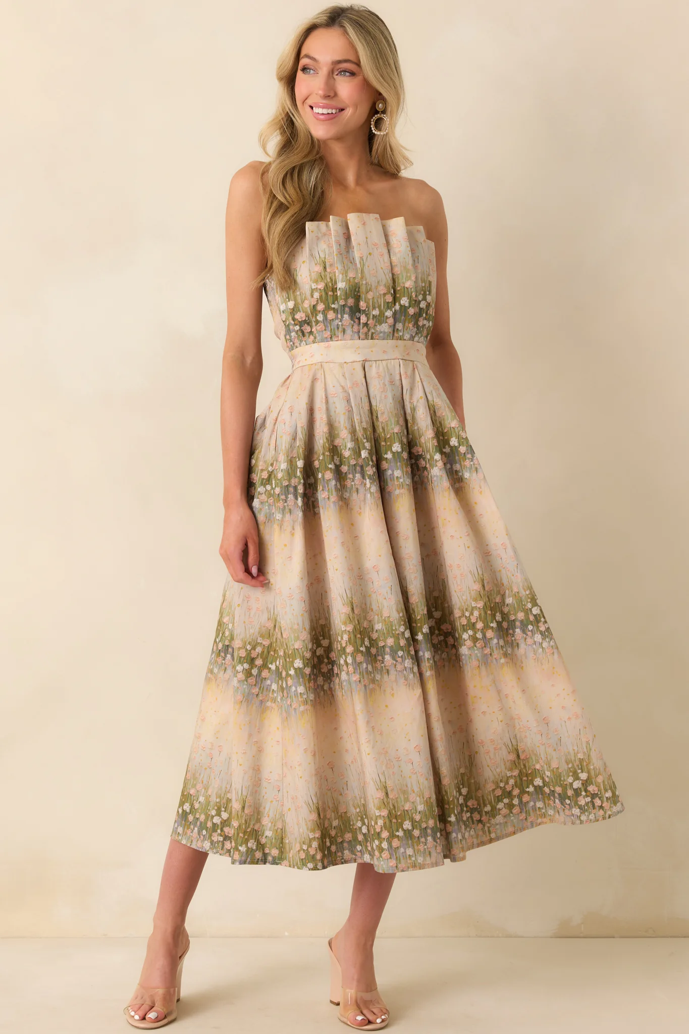 The Genevieve Beige Floral Print Cotton Strapless Midi Dress