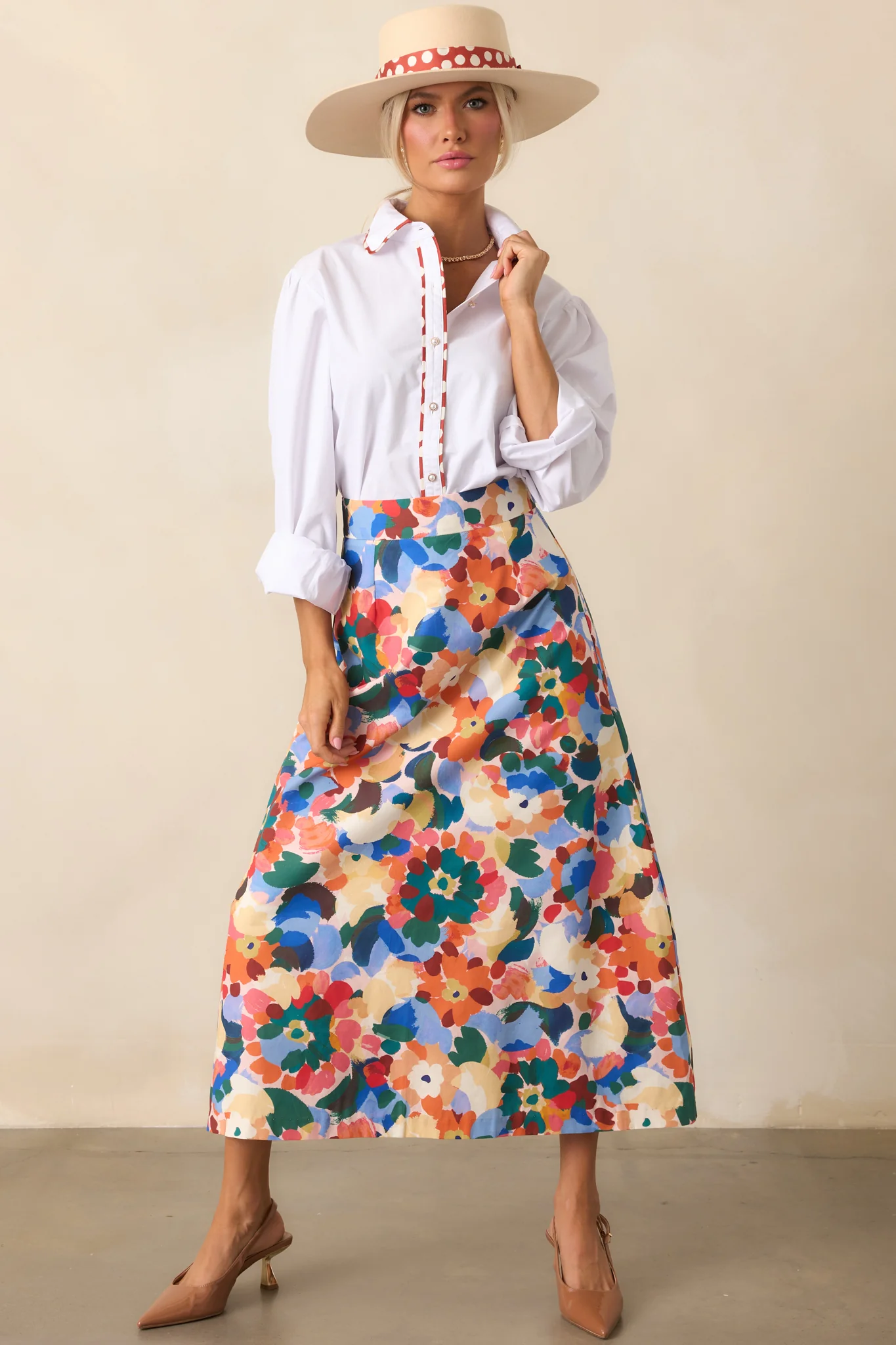 Orange Multi Floral Print Cotton Midi Skirt