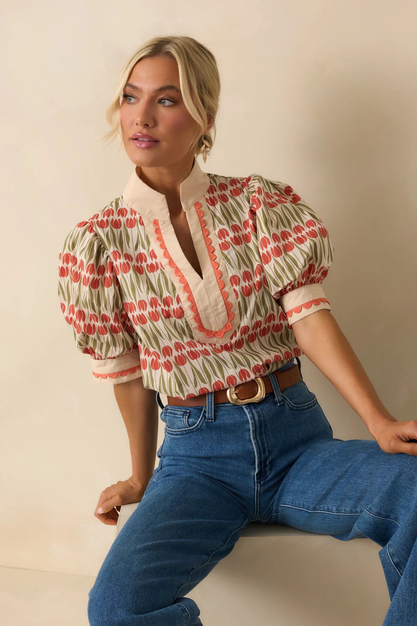 She’s Got Time Ivory Tulip Floral Print Cotton Puff Sleeve Top