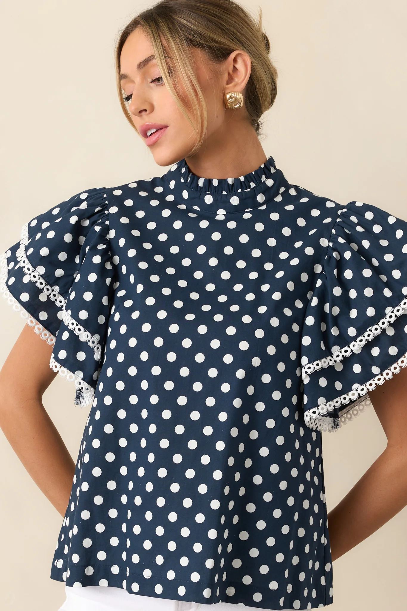 Prosperina Blair Navy Polka Dot Cotton Ruffle Top