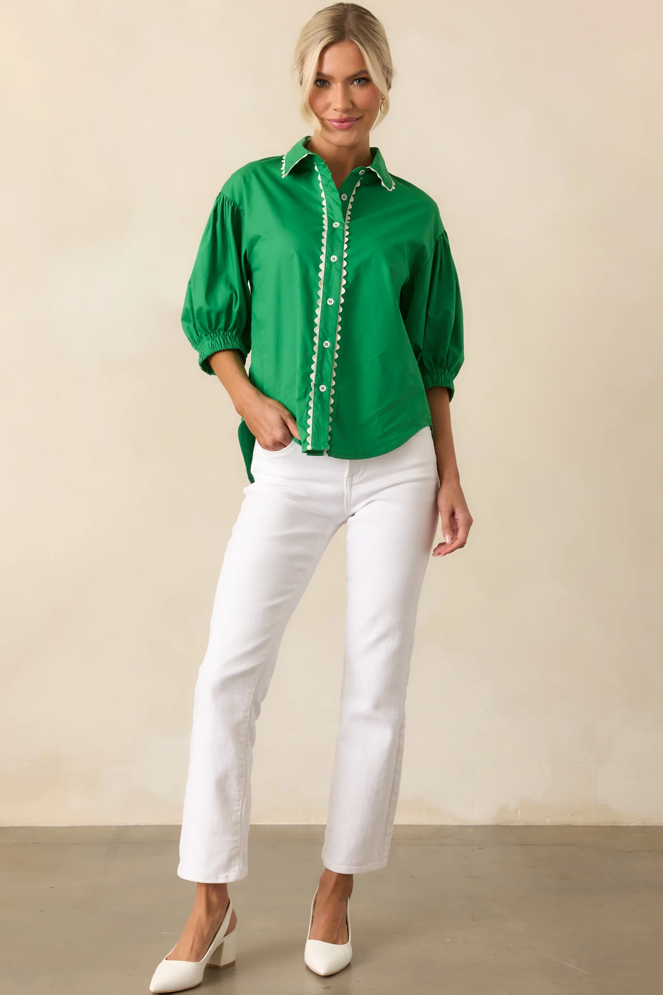 A Twist On Classic Green Cotton Button Front Top
