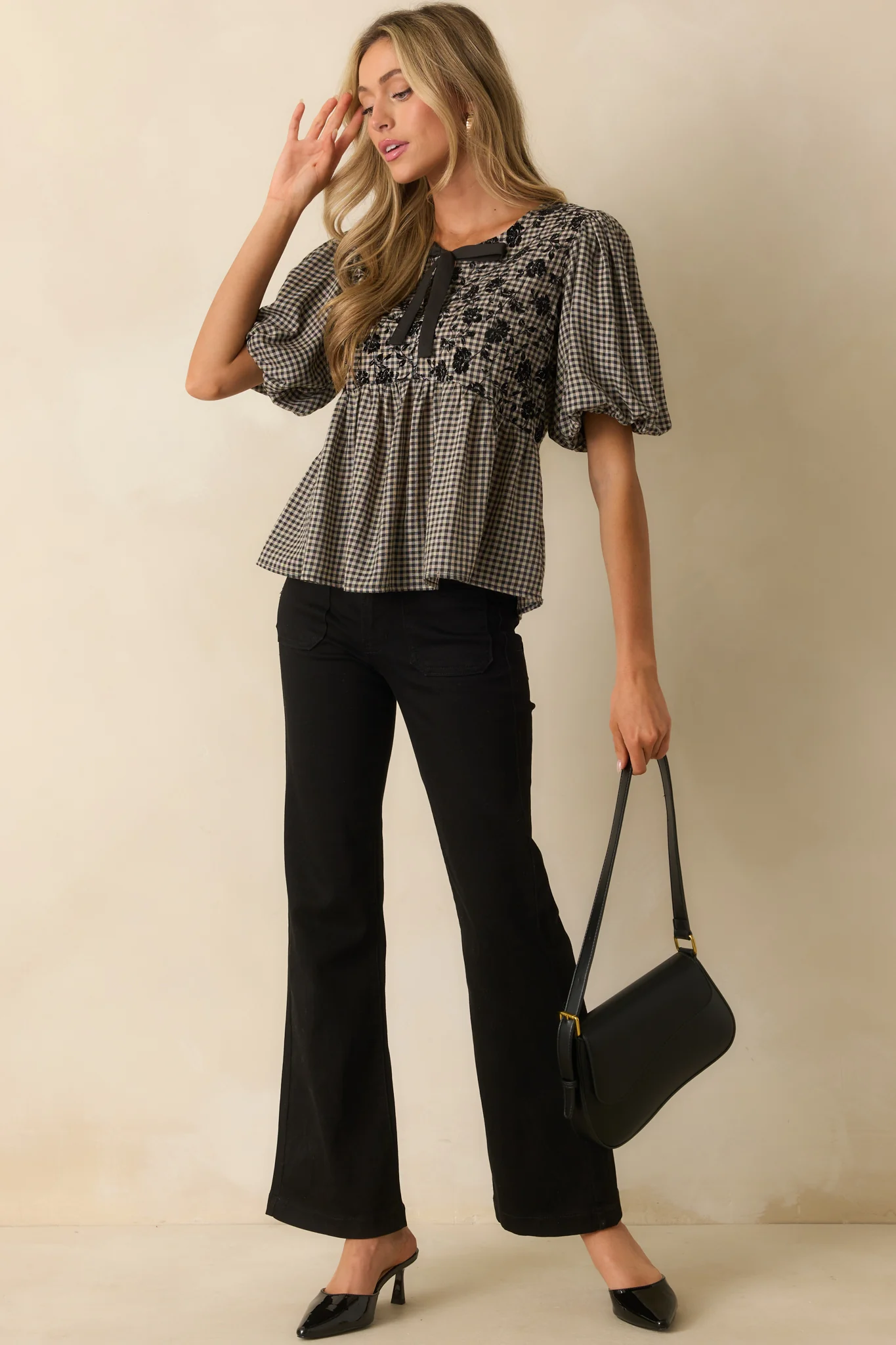All That I Know Black Gingham Floral Print Puff Sleeve Peplum Top