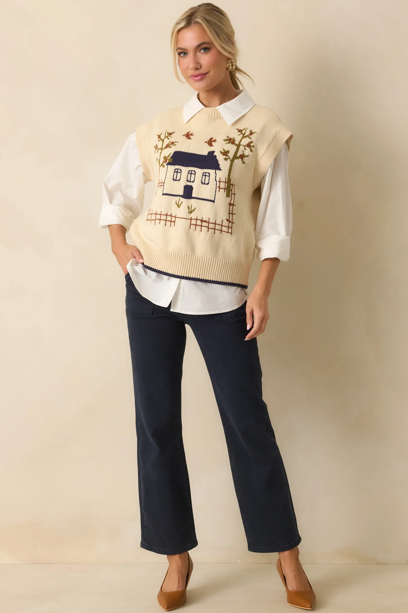 The Way Back Home Ivory Graphic Knit Sweater Vest