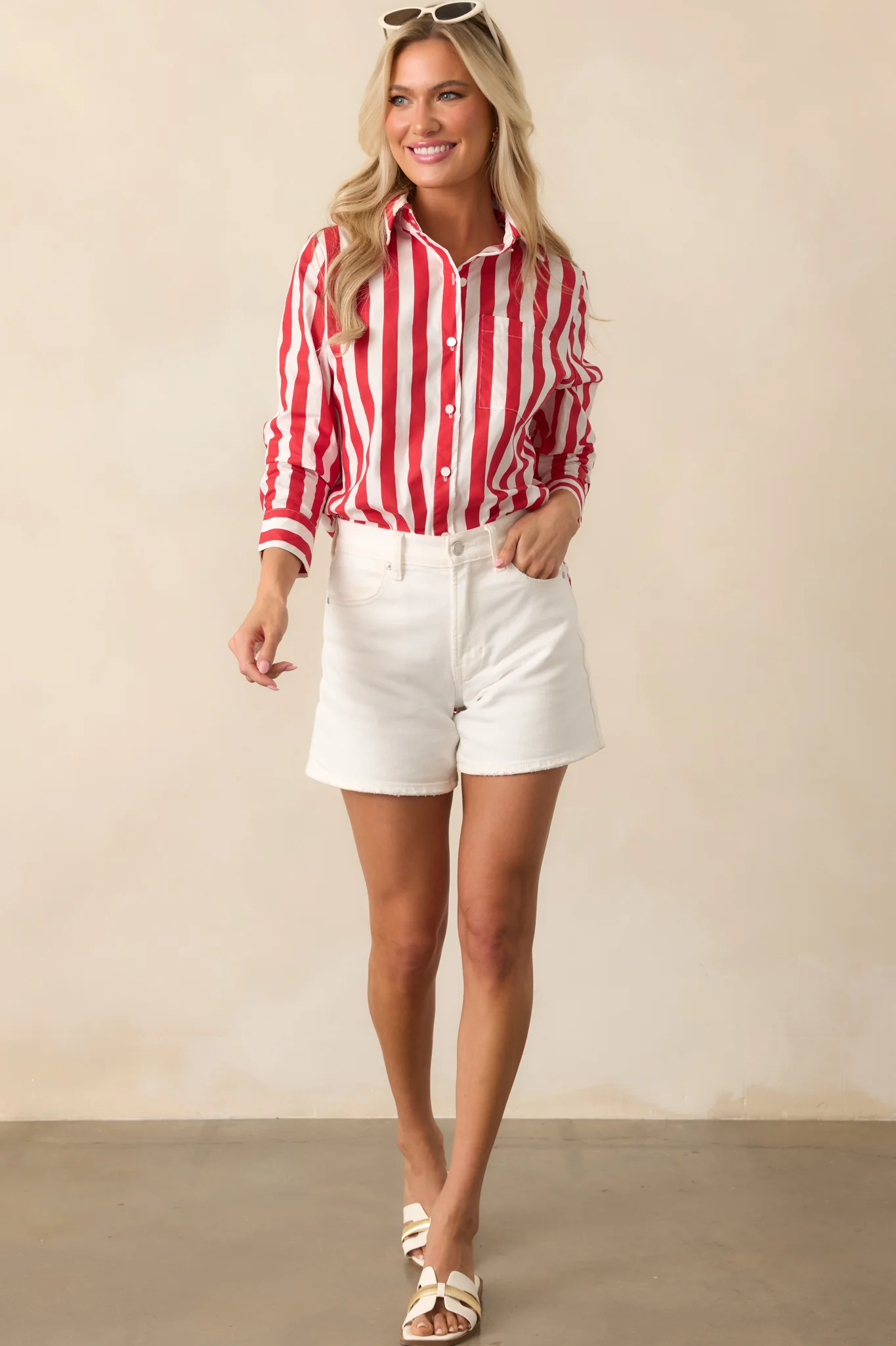 Prosperina Paula Red Stripe Cotton Button Front Top