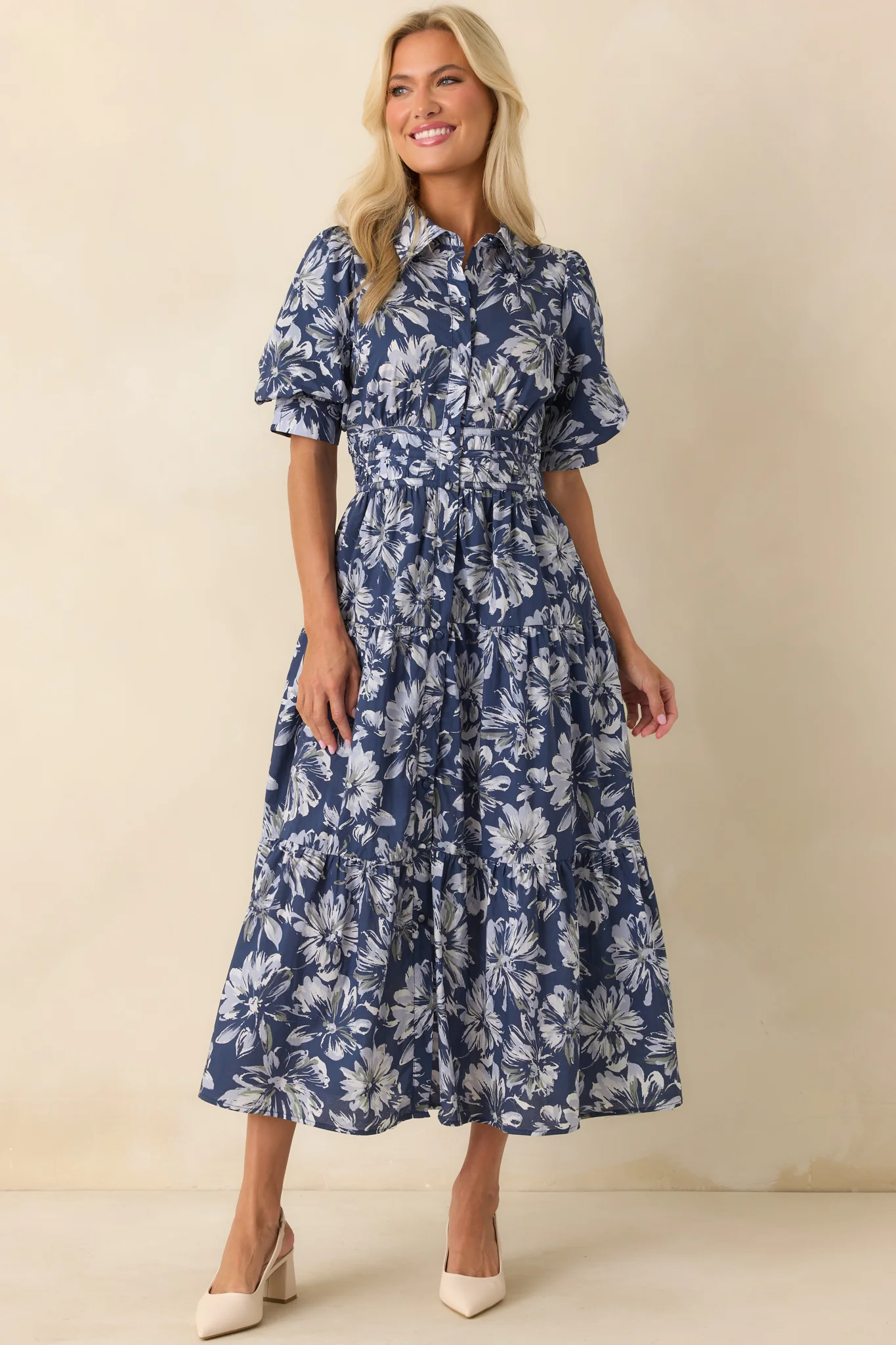 Slow Sundays Navy Floral Print Cotton Maxi Shirt Dress