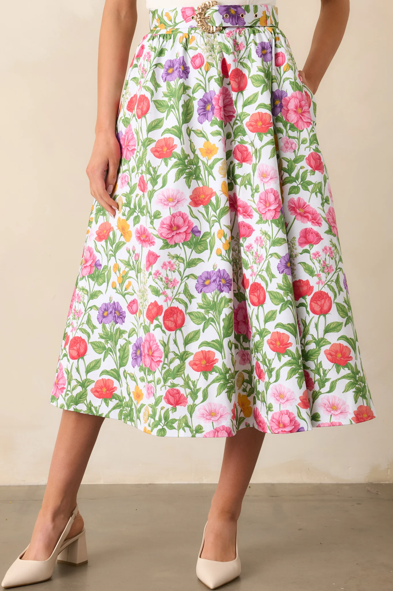 Thena Secret Garden Floral Cotton Belted Midi Skirt
