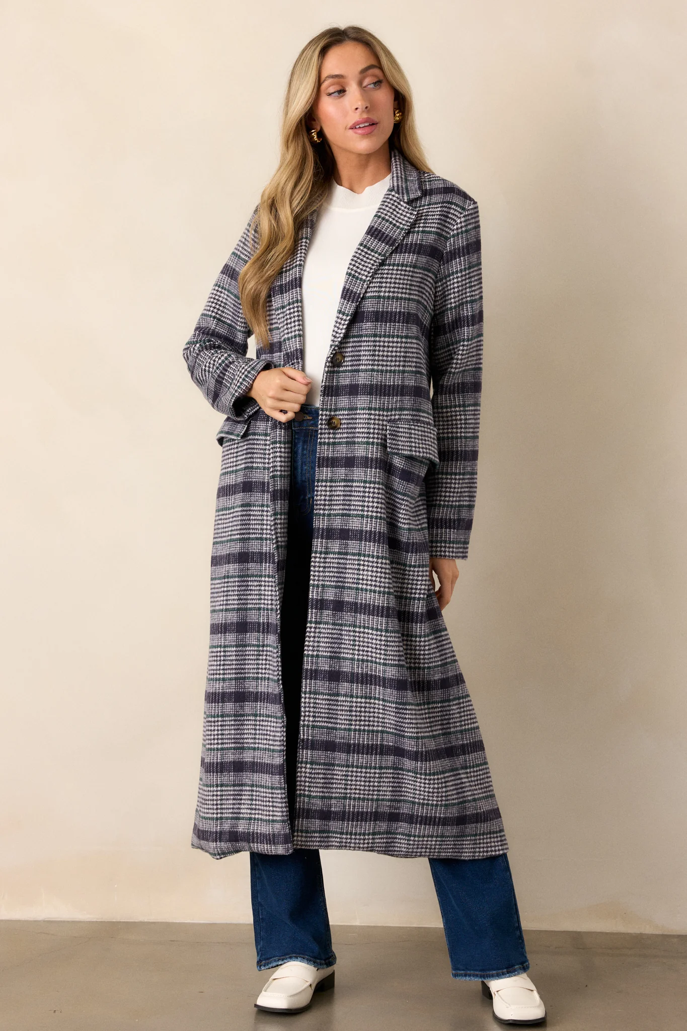 Fireside Chats Navy Plaid Trench Coat