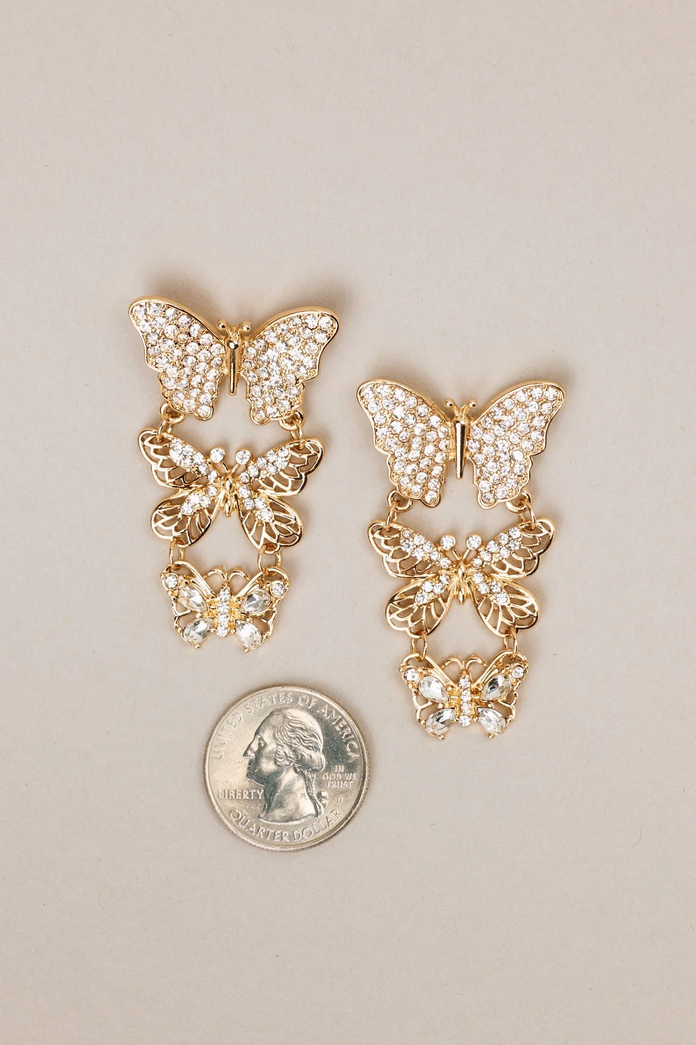 Monarch Majesty Gold Rhinestone Butterfly Drop Earrings