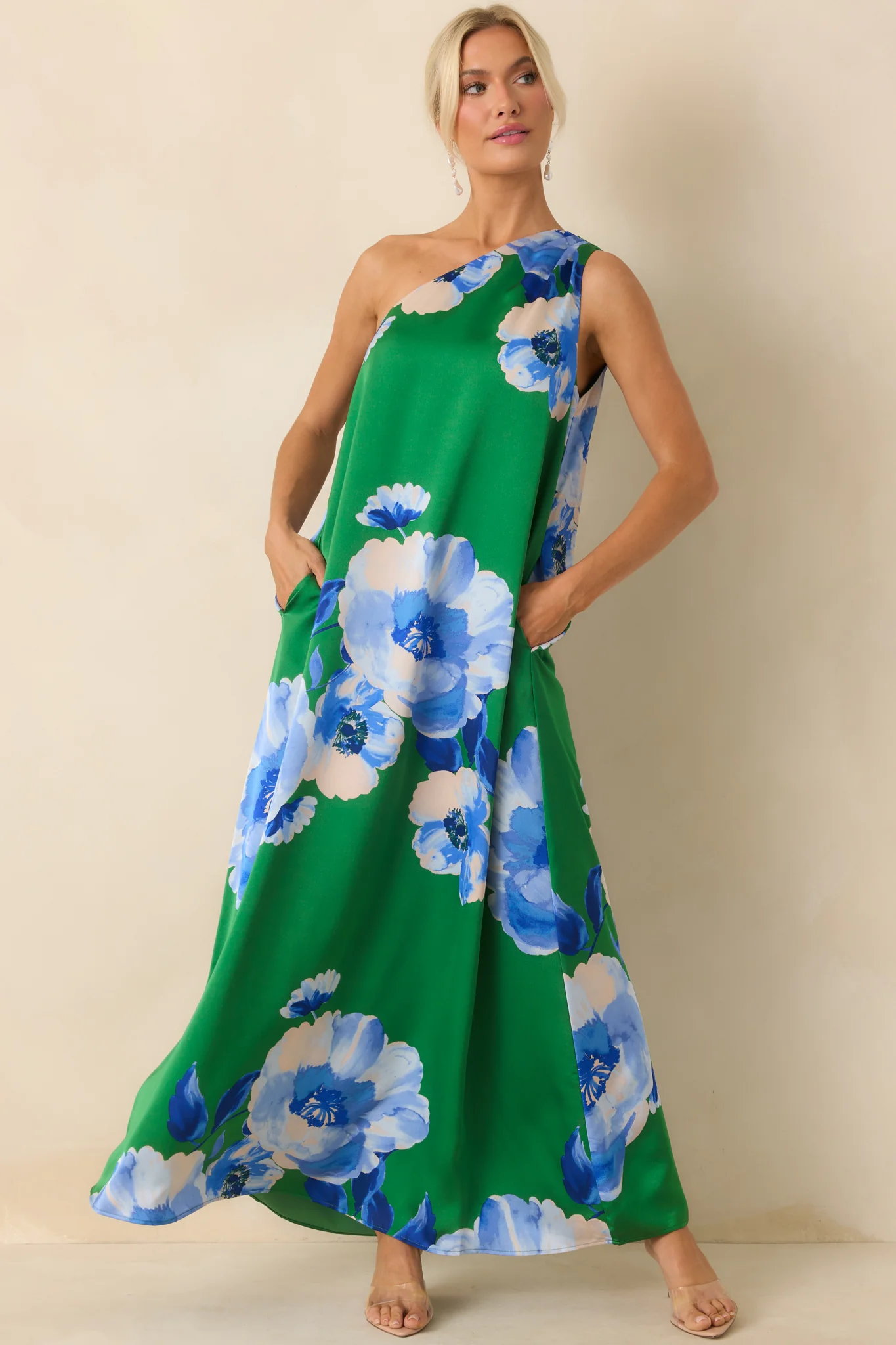 No Introduction Green Multi Floral Print Satin One Shoulder Maxi Dress