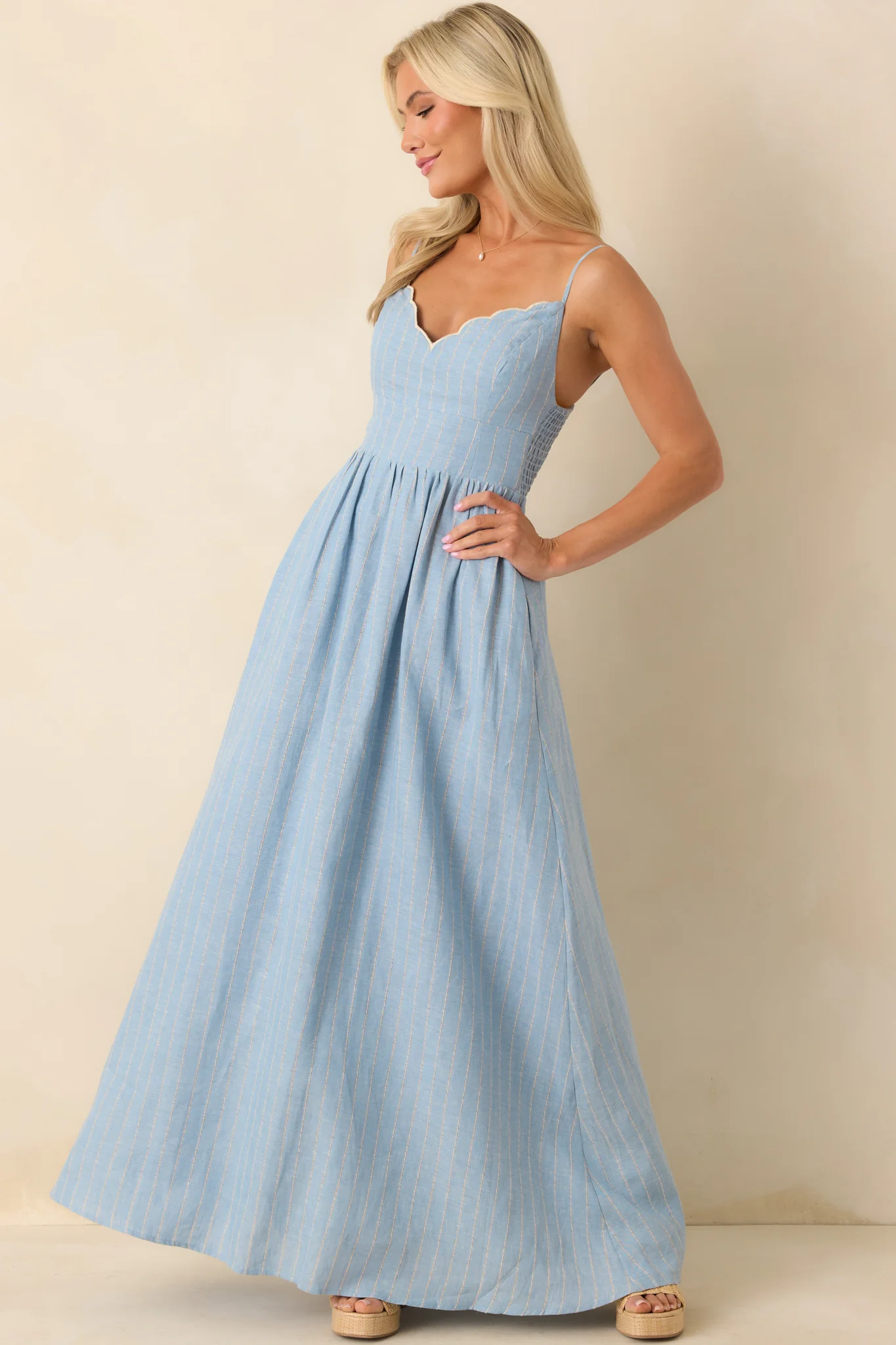 Aylaya Light Blue Stripe Linen Singapore Maxi Dress