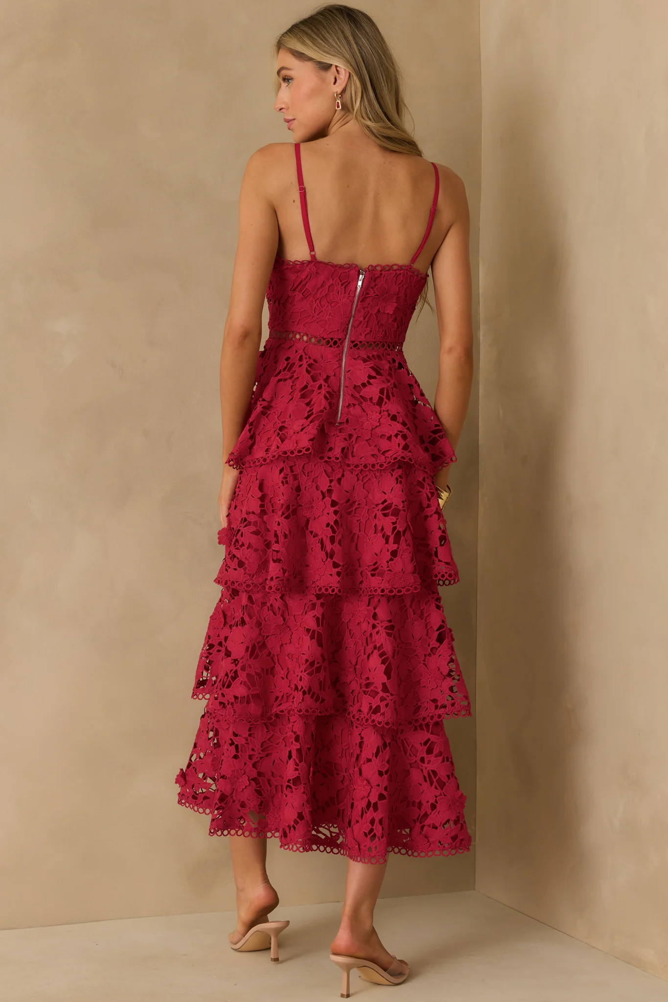 Got My Attention Red Floral Guipure Lace Tiered Maxi Dress