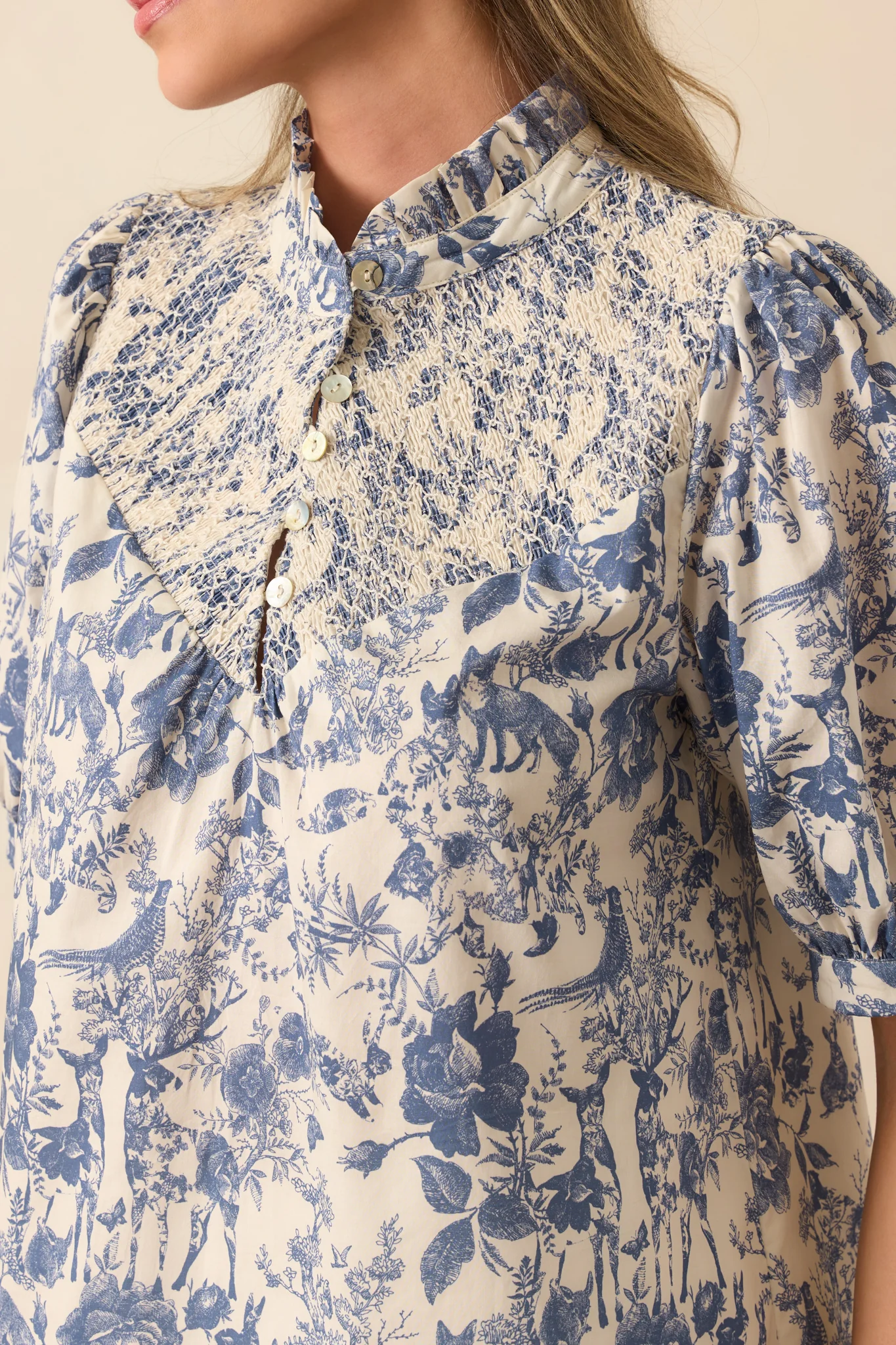Blue Cotton Toile Half Sleeve Top