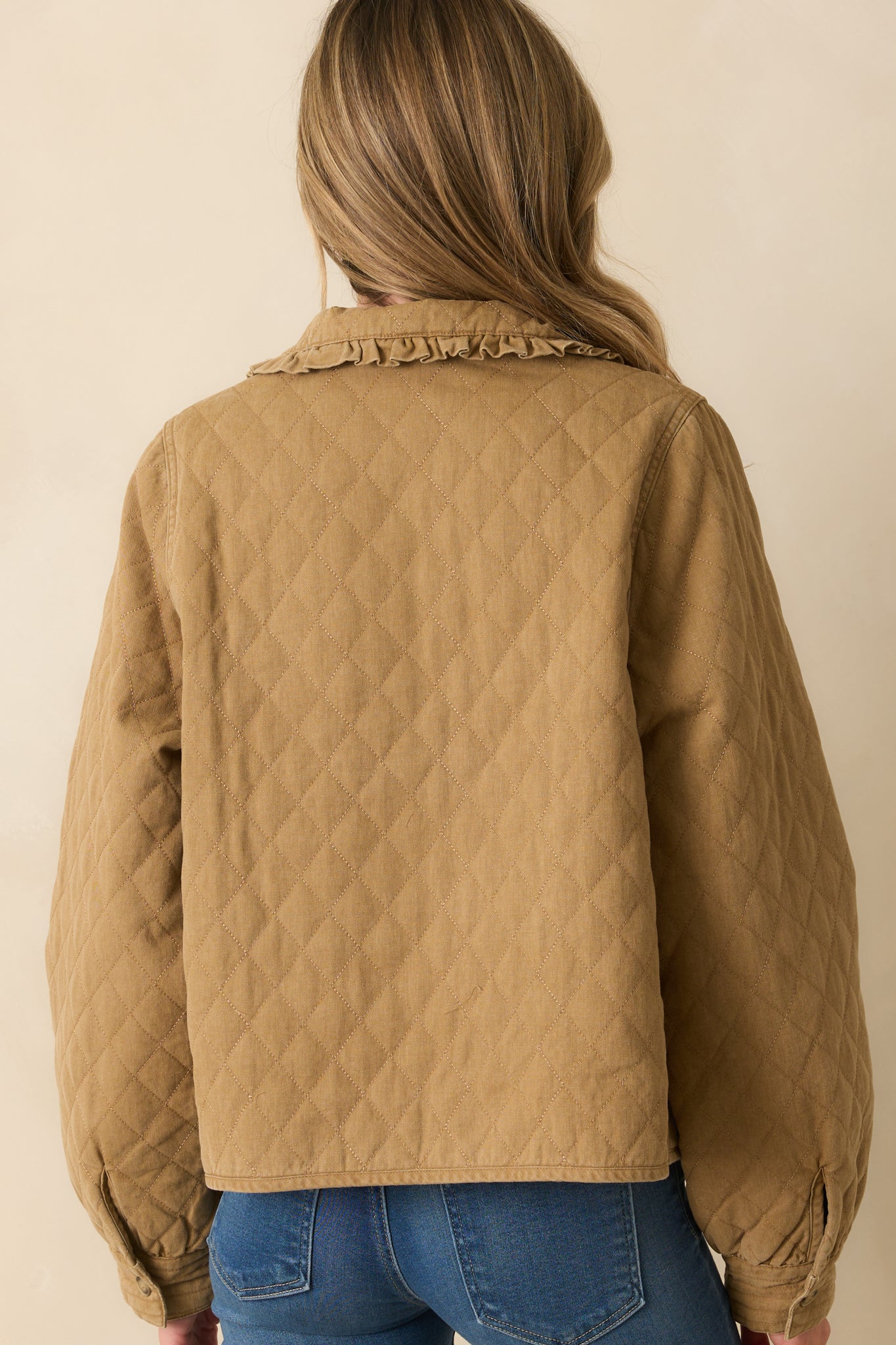How It Should Be Khaki Brown Quilted Cotton Bow Front Jacket